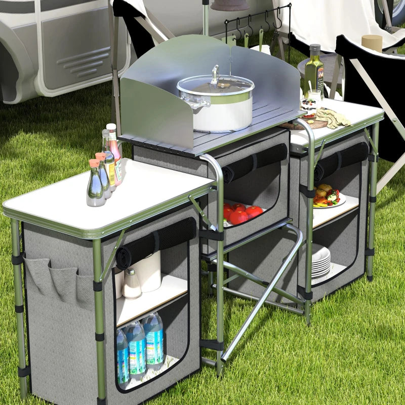 Aluminum Camping Kitchen, Portable Folding Camping Table with Fabric Cupboards, Windshield, Bag for BBQ, Picnic, Grey