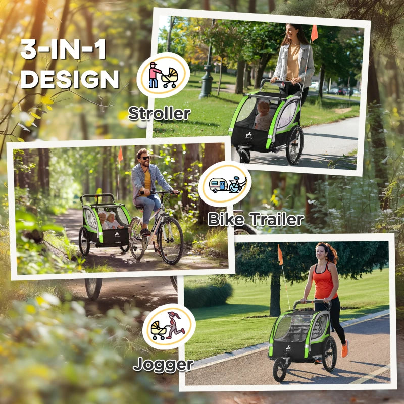 Aosom 3-in-1 Bike Trailer for Kids, Running Stroller with 2 Seats, Jogging Cart with 5-Point Harness, Storage Units, Green