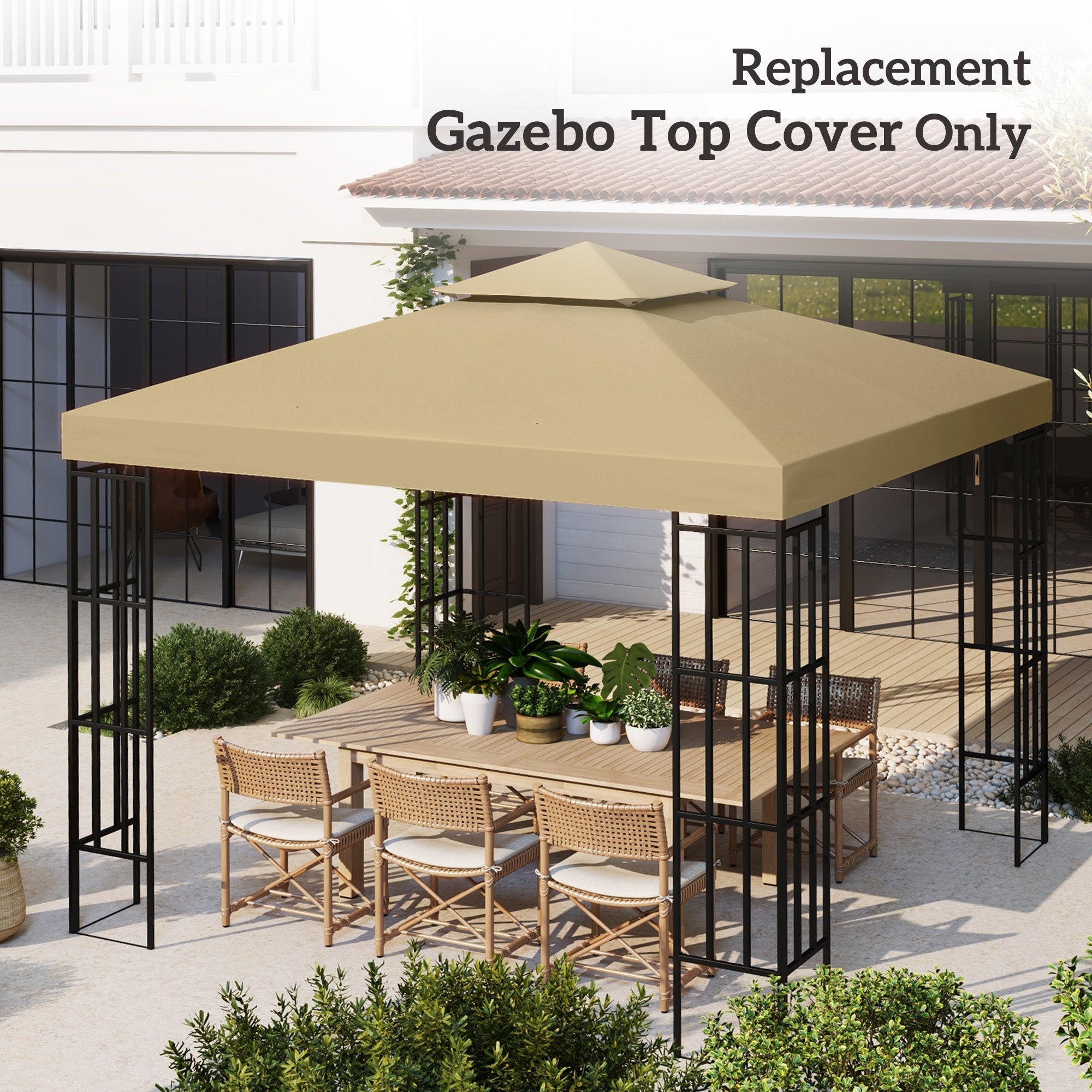 Outsunny Beige 9.8' Square 2-Tier Gazebo Replacement Canopy - Elegant Outdoor Garden Sun Shelter Top Cover