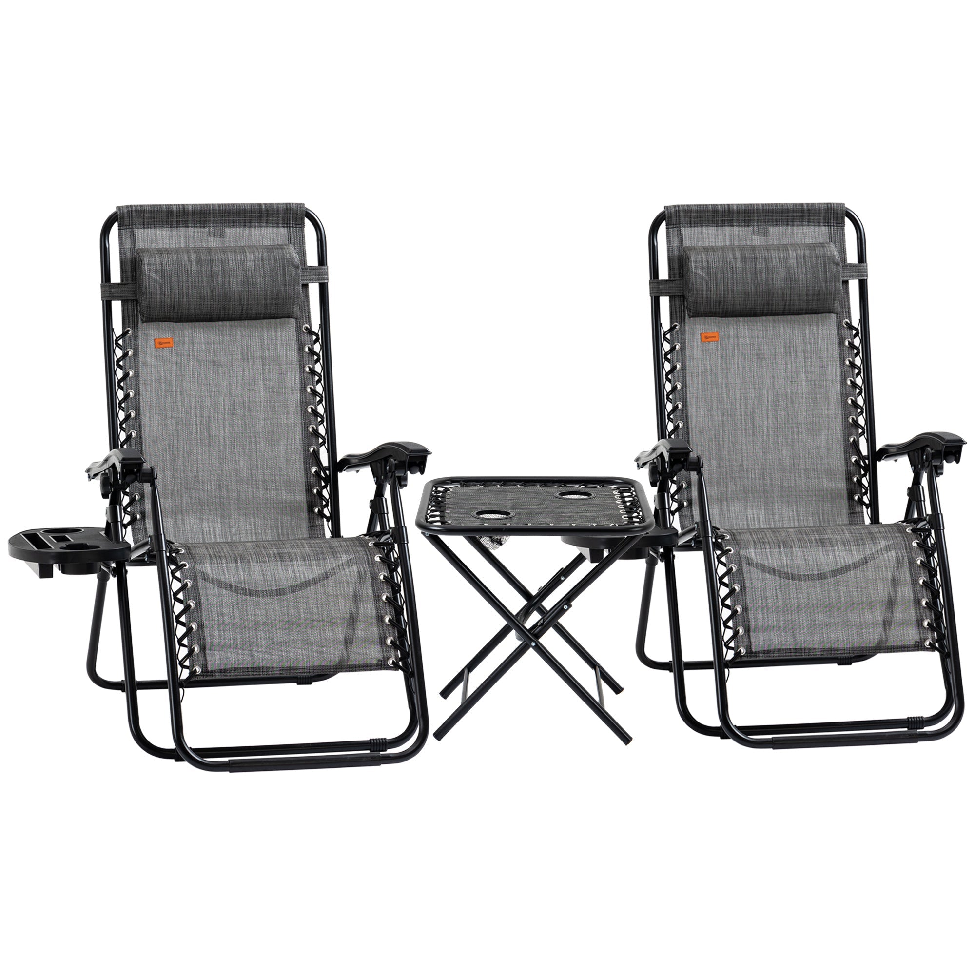 Outsunny Zero Gravity Chair Set of 2 Patio Chair with Side Table Cupholders and Pillows for Pool, Backyard, Lawn, Beach, Grey