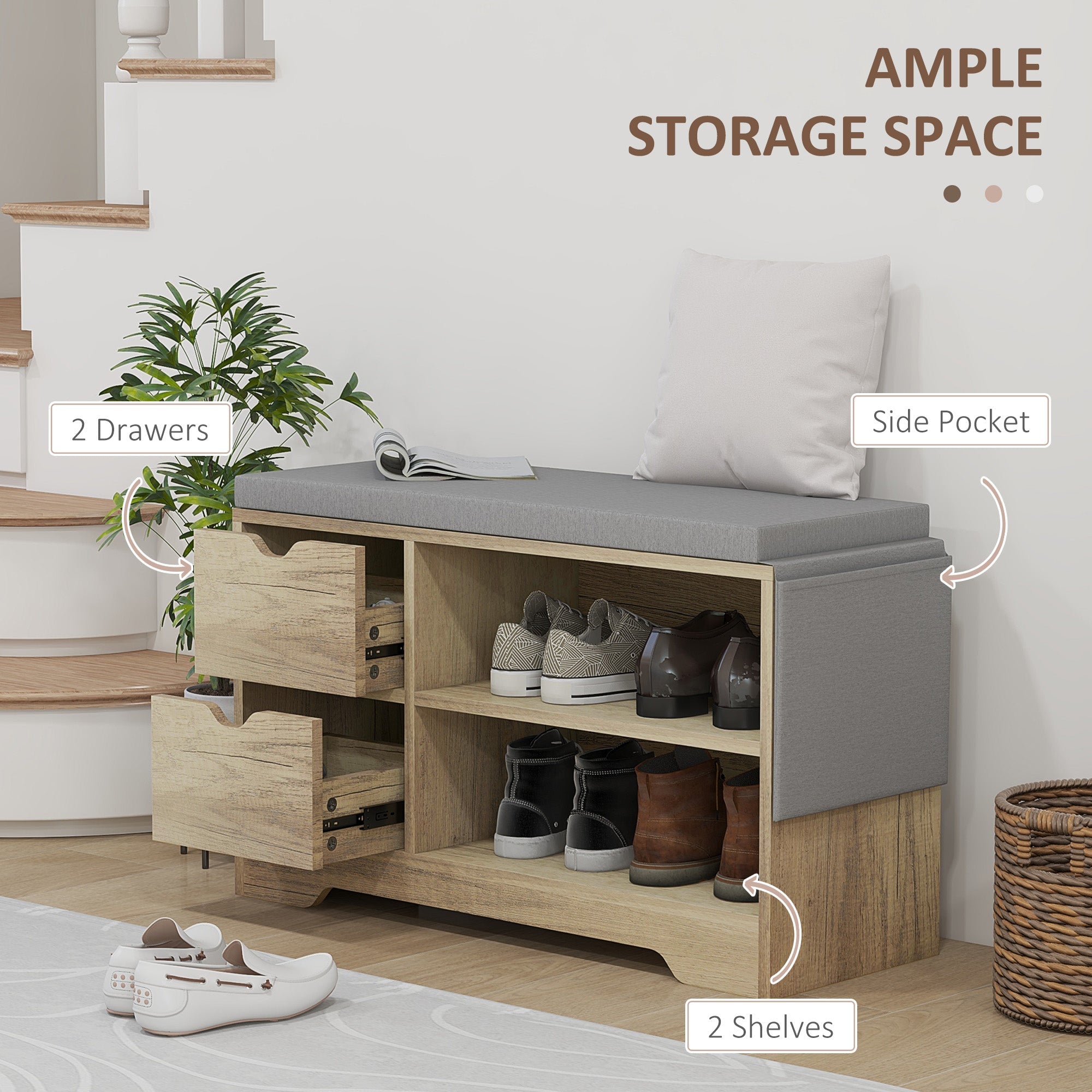 HOMCOM Upholstered Shoe Storage Bench w/ Seat, Entrance Bench w/ Drawer Open Shelves and Pocket for Hallway, Grey