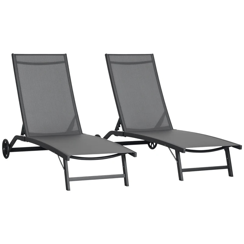 Outdoor Lounge Chair Set of 2, Tanning Chair with Wheels, Breathable Mesh for Patio, Backyard, Poolside, Dark Grey