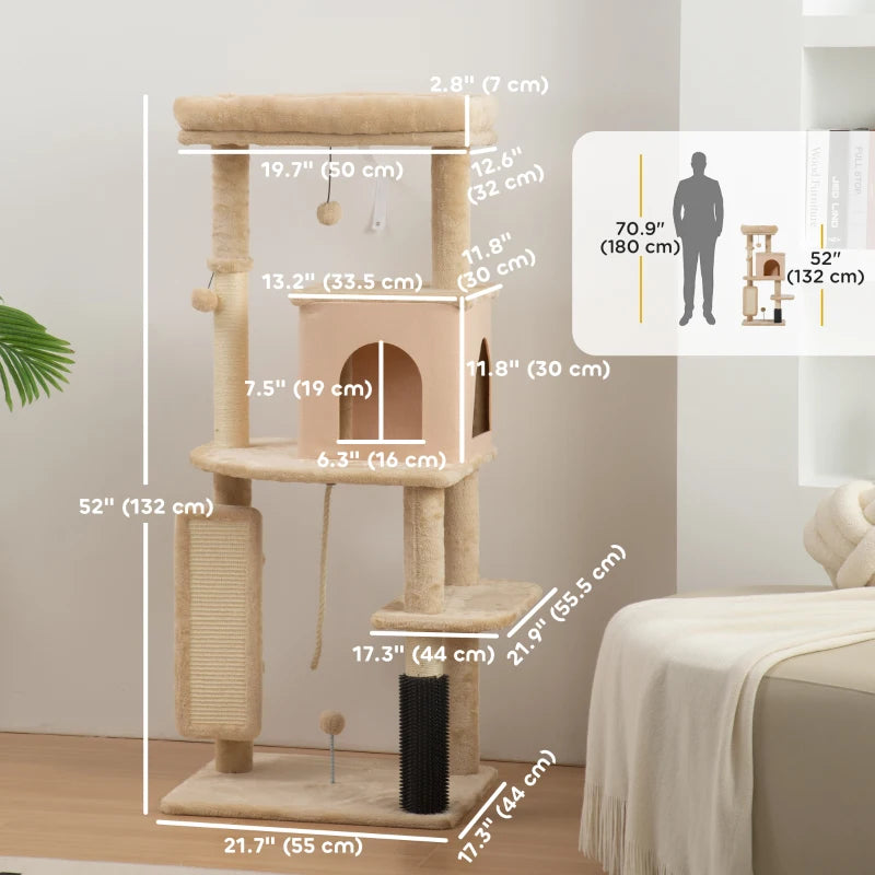 52 Inch Cat Tree with Scratching Posts, Cat Bed, Condo, Grooming Brush, Jumping Platforms, Toy Balls, Anti-tip Kit