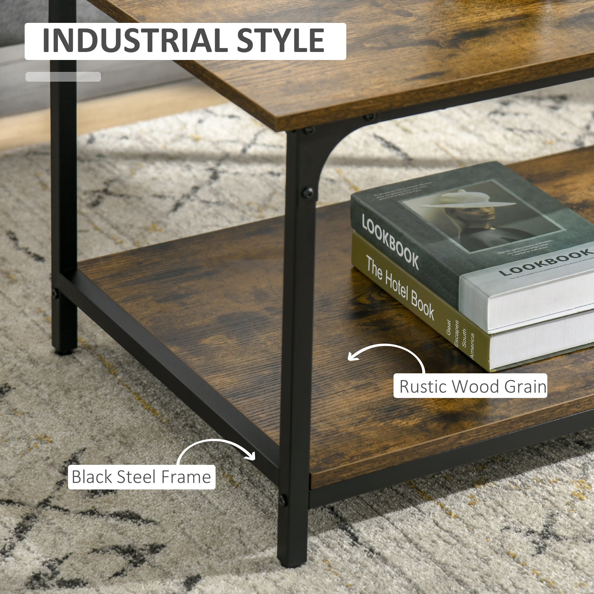 HOMCOM Rustic Brown Industrial Coffee Table: 2-Tier Center Table with Storage Shelf for Living Room