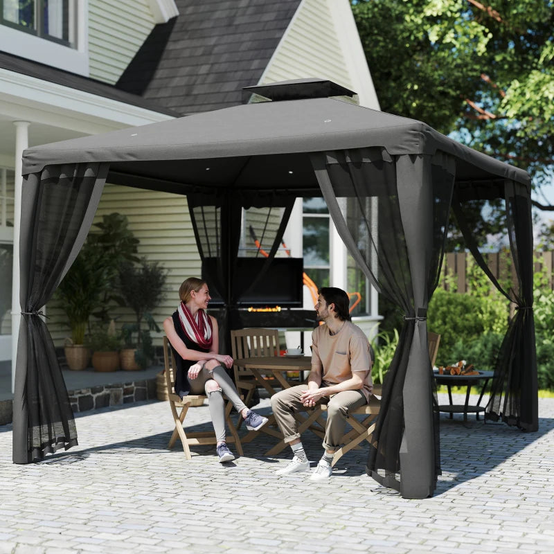 9.6' x 9.6' Patio Gazebo Outdoor Pavilion 2 Tire Roof Canopy Shelter Garden, Steel Frame w/ Mosquito Netting, Dark Grey