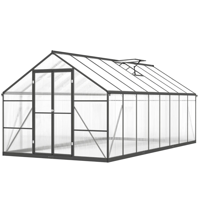 Polycarbonate Greenhouse, Walk-in Green House with Two Top Windows, Rain Gutter and Swing Door, 8' x 16' x 7', Dark Grey