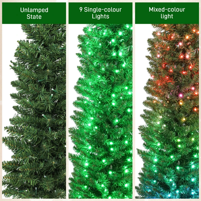 9ft Christmas Tree with Colourful DIY Synchronized LEDs, Hinged Pencil Xmas Tree with Remote, Daily Timer, Green