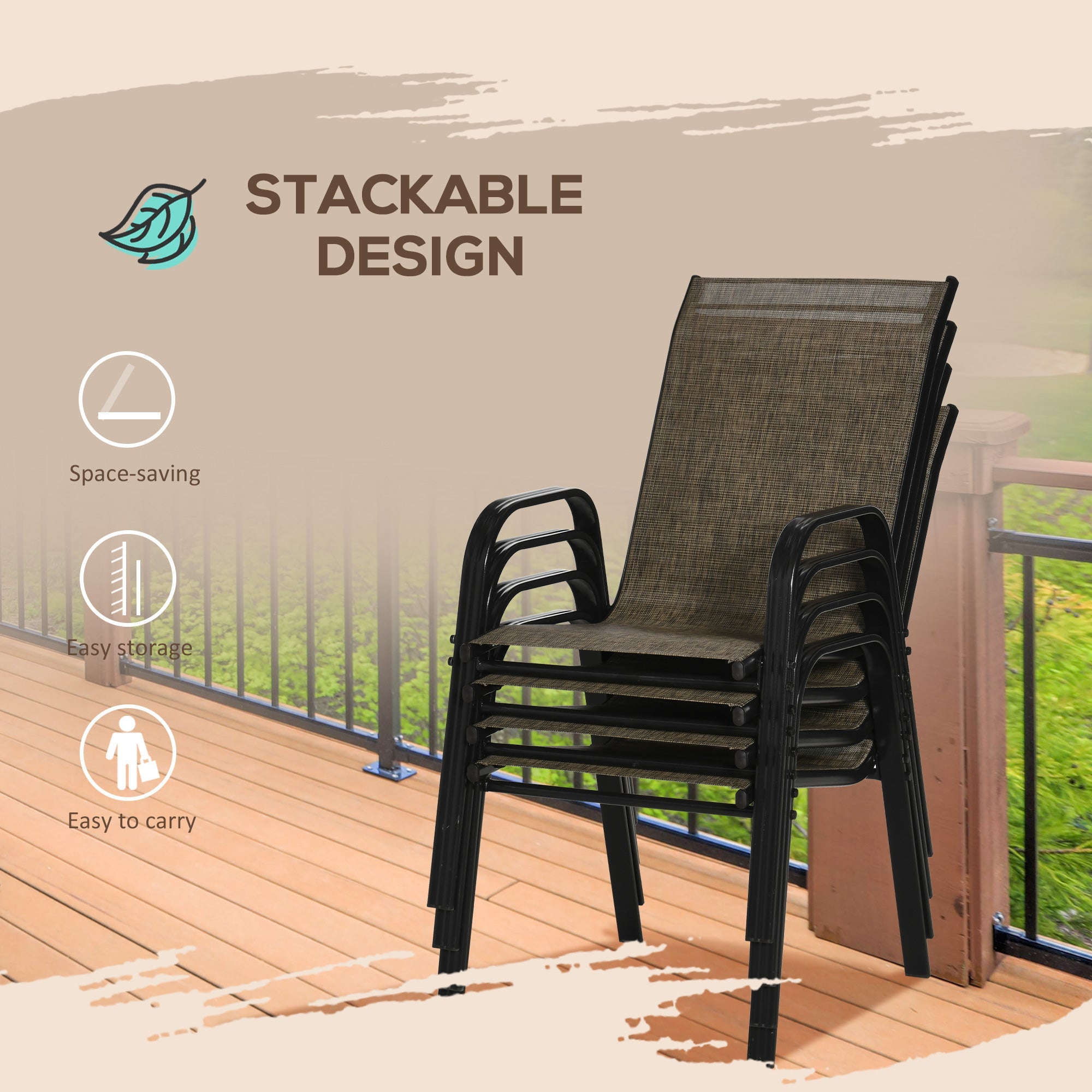Outsunny Set of 4 Outdoor Dining Chairs, Heavy Duty Stackable Patio Dining Set with Armrests for Balcony Garden, Brown and Black
