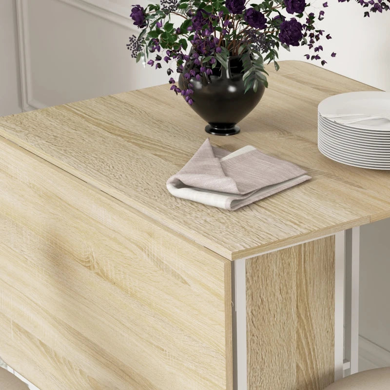 Folding Dining Table, Extendable Kitchen Table for Small Spaces with Storage Shelf and 6 Wheels, Natural Wood