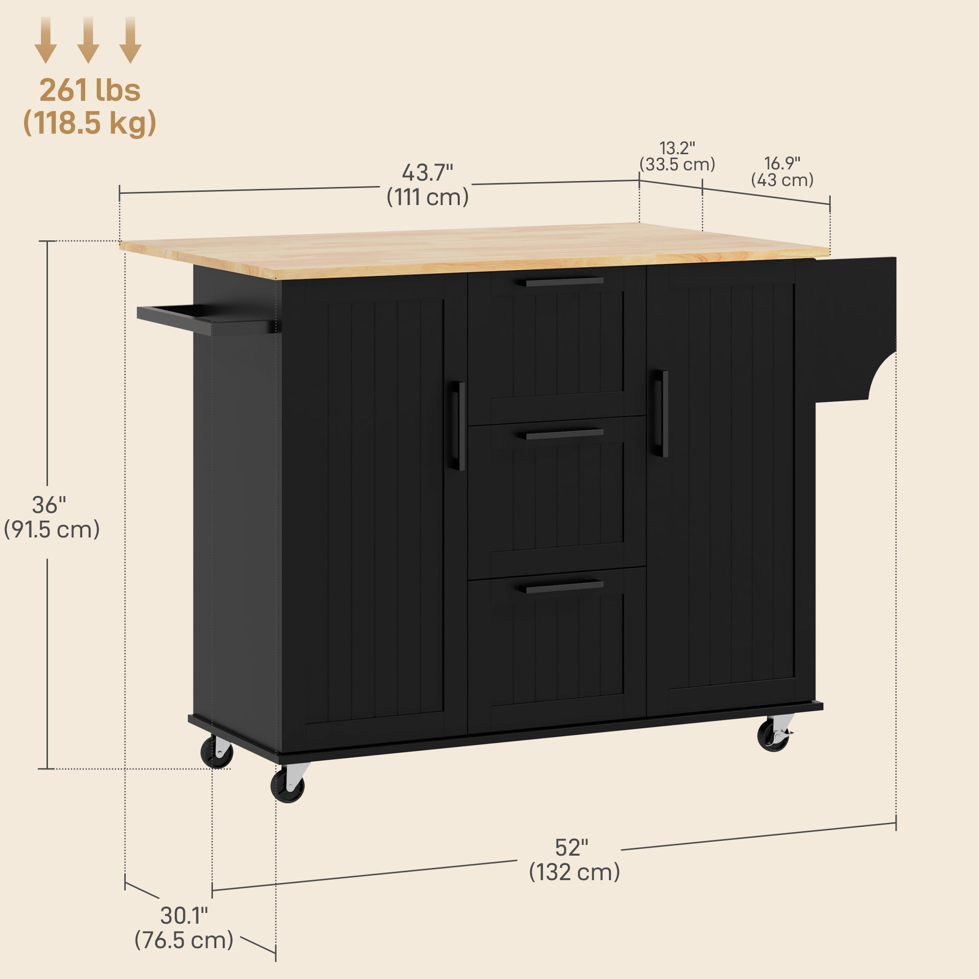 HOMCOM Rolling Kitchen Cart on Wheels with Drop Leaf, Kitchen Island with 3 Drawers, Solid Wood Top and Towel Rack, Black