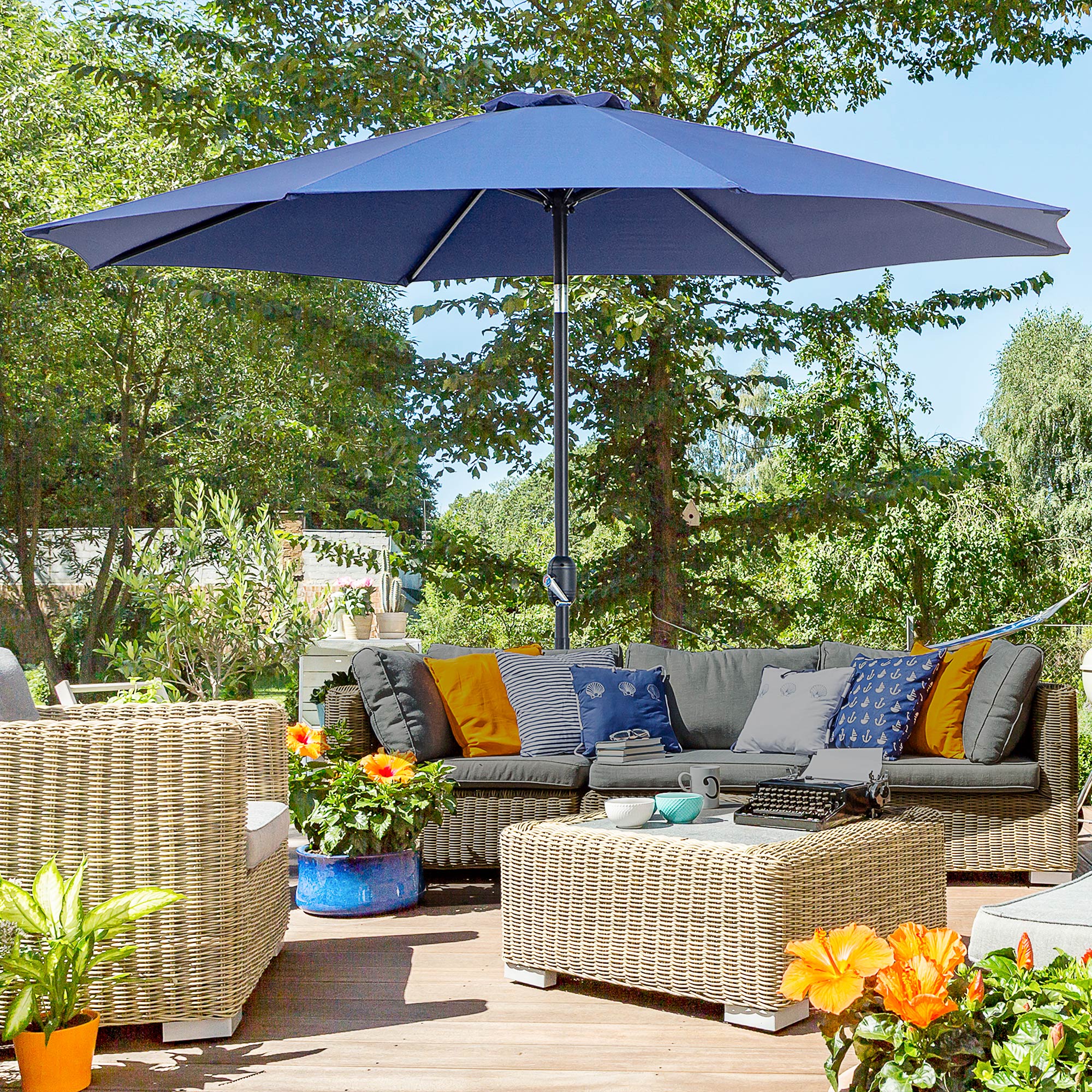 Outsunny Steel Frame Patio Parasol: 10'x 8' Round Market Garden Canopy for Outdoor, Blue