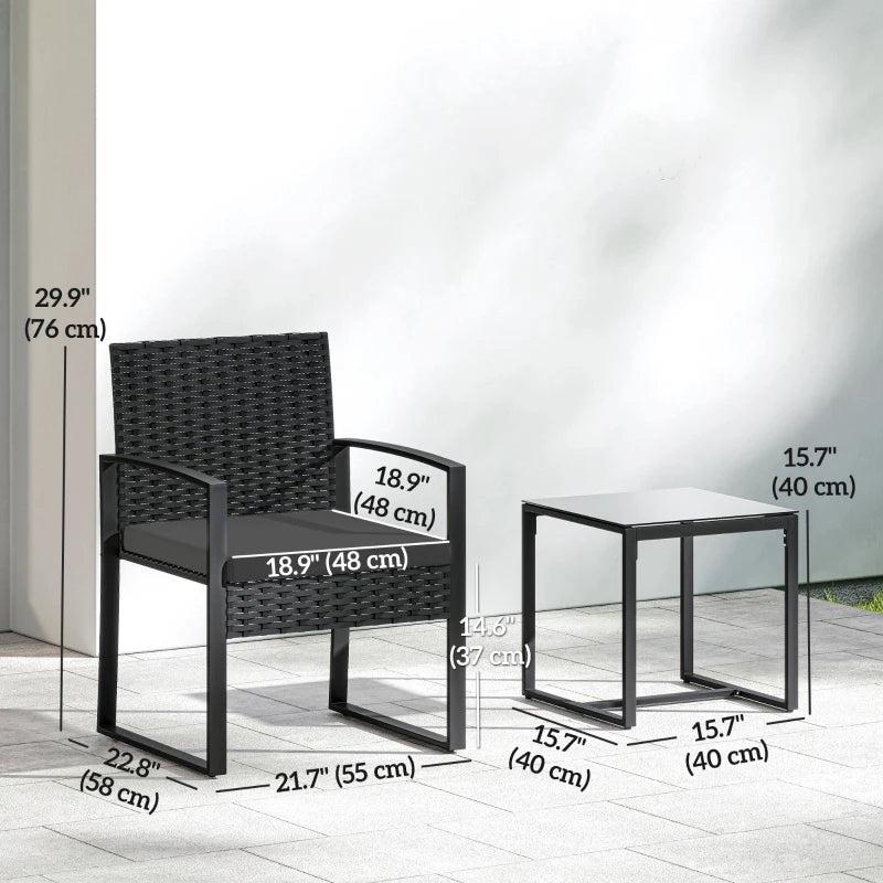 Outdoor Bistro Set, 3 Piece Wicker Patio Furniture Set with Glass Top Table and Cushions for Porch, Balcony, Black