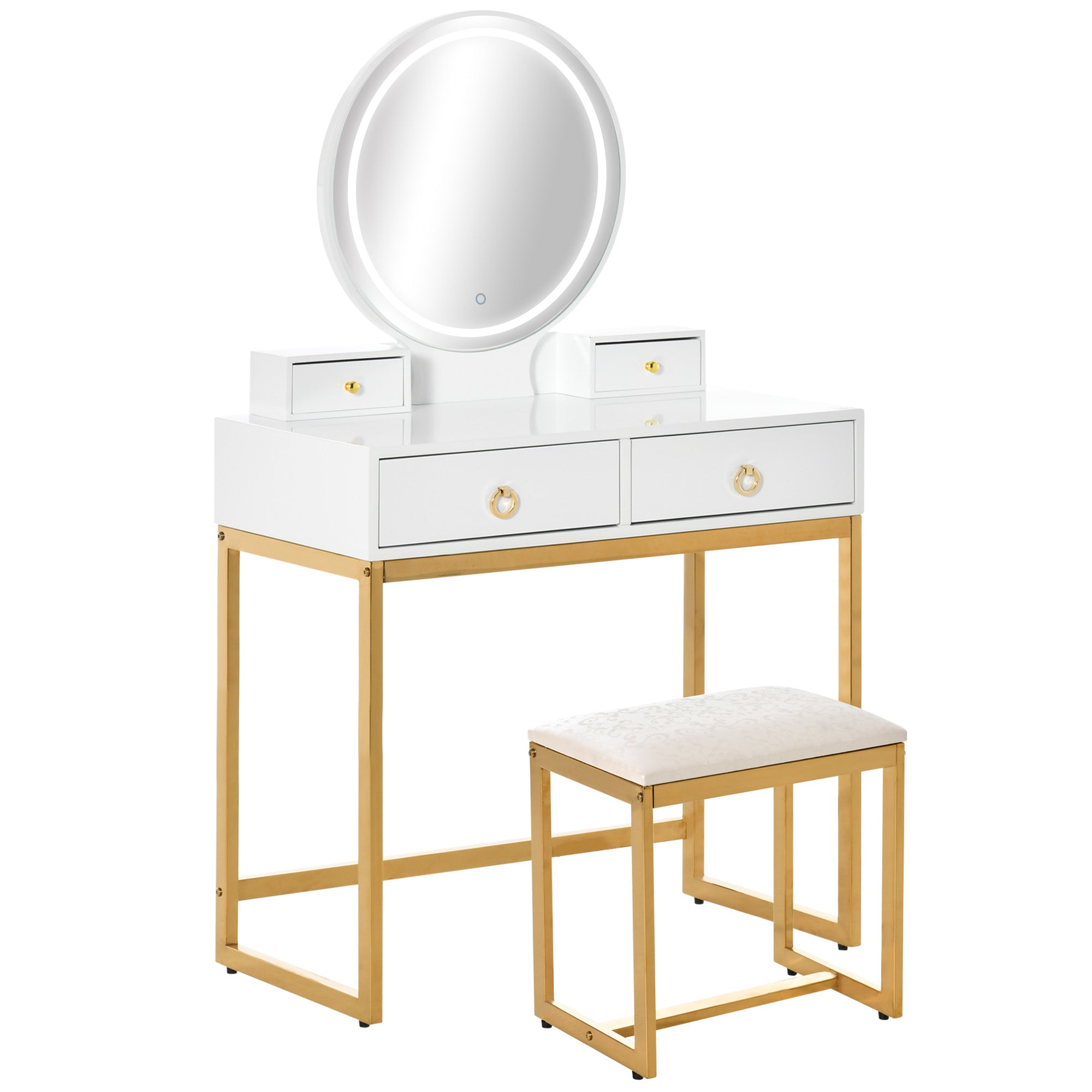 HOMCOM Elegant Makeup Vanity Set with Round Mirror 3-Color LED Light 4 Drawers Cushioned Stool White for Bedroom Decor