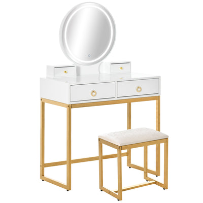 HOMCOM Elegant Makeup Vanity Set with Round Mirror 3-Color LED Light 4 Drawers Cushioned Stool White for Bedroom Decor