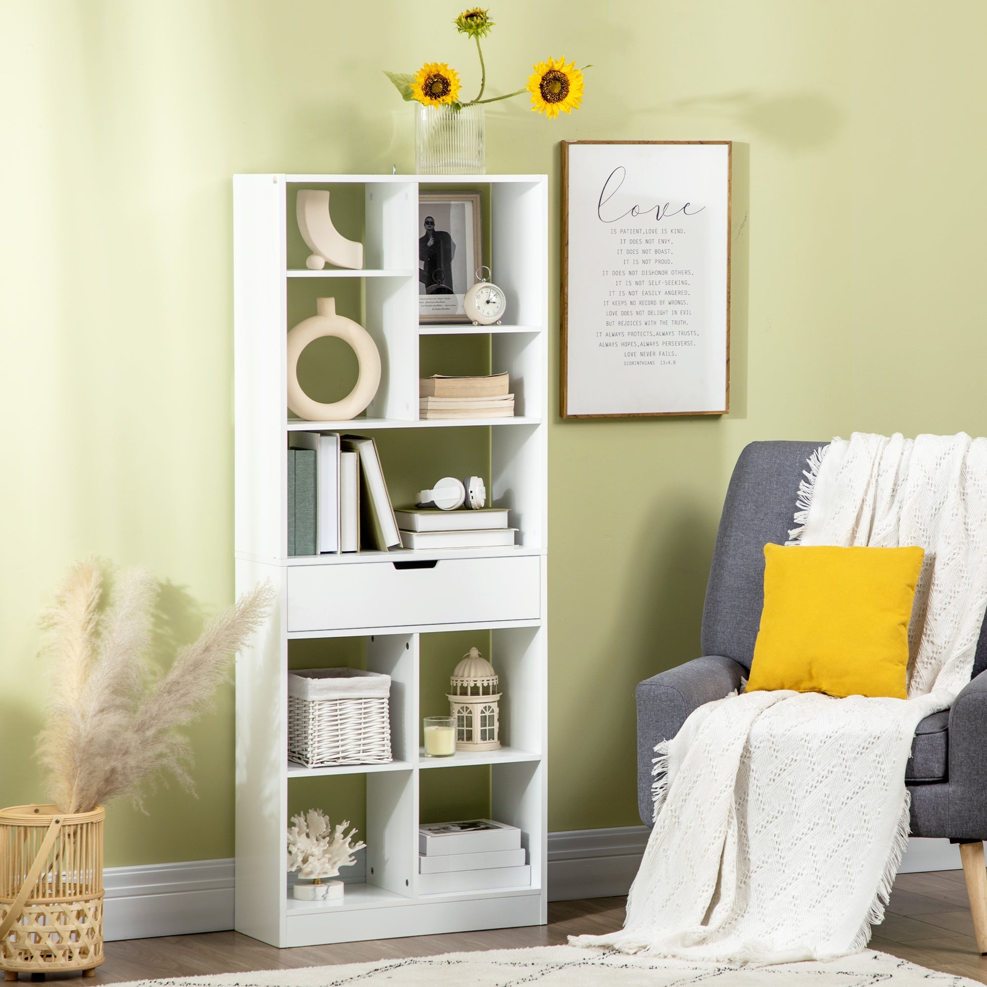 HOMCOM Freestanding Wooden Bookshelf Bookcase with Drawer, Display Shelf Storage Unit for Home Office, White Finish