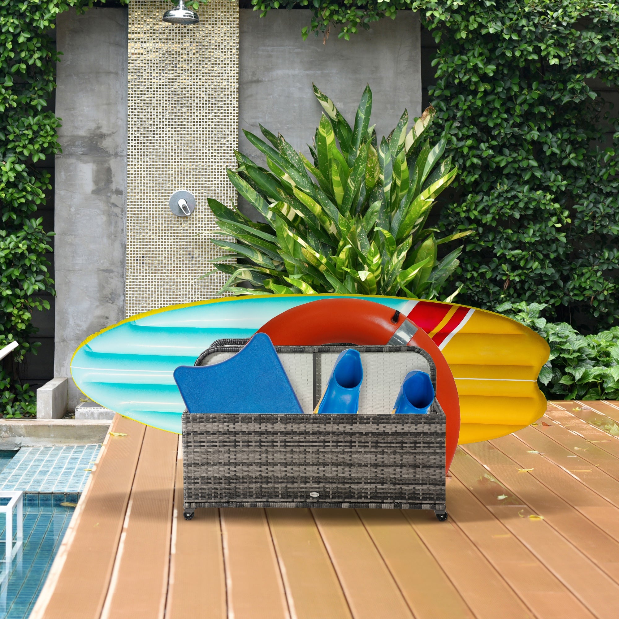Outsunny Rattan Wicker Pool Storage Organizer Rolling for Floats Noodles Paddles Balls Towels Accessories Grey
