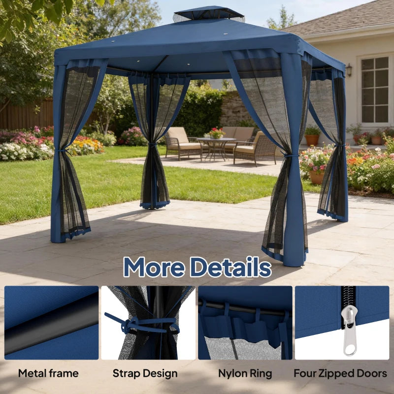 9.6' x 9.6' Patio Gazebo Outdoor Pavilion 2 Tire Roof Canopy Shelter Garden, Steel Frame w/ Mosquito Netting, Dark Blue