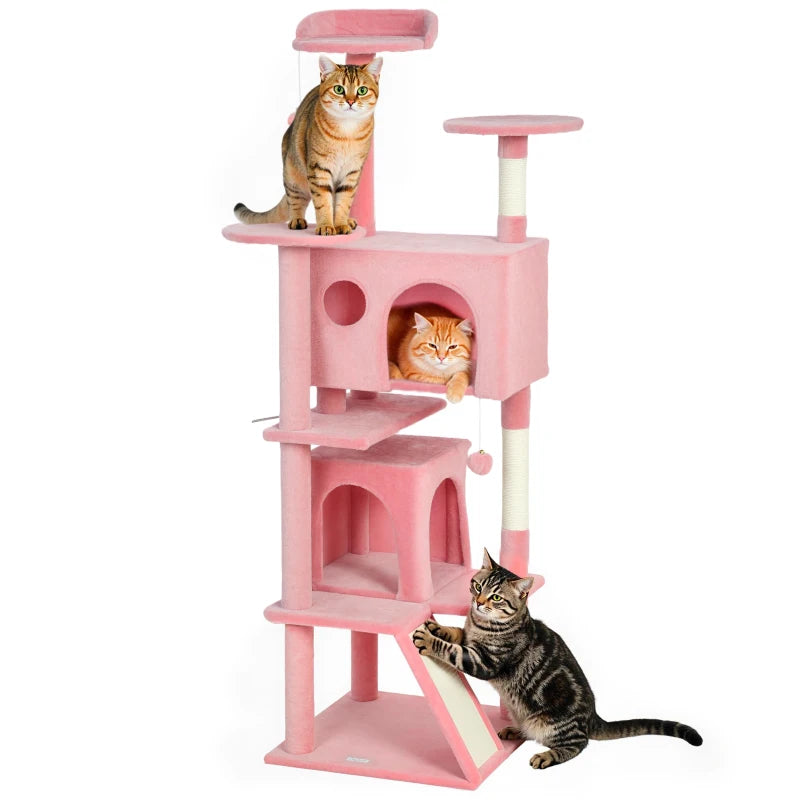 63" Cat Tree, Multi-Level Cat Tower with Scratching Posts, Cat Condos, Bed, Platforms, Ramp, Toy Ball, Pink