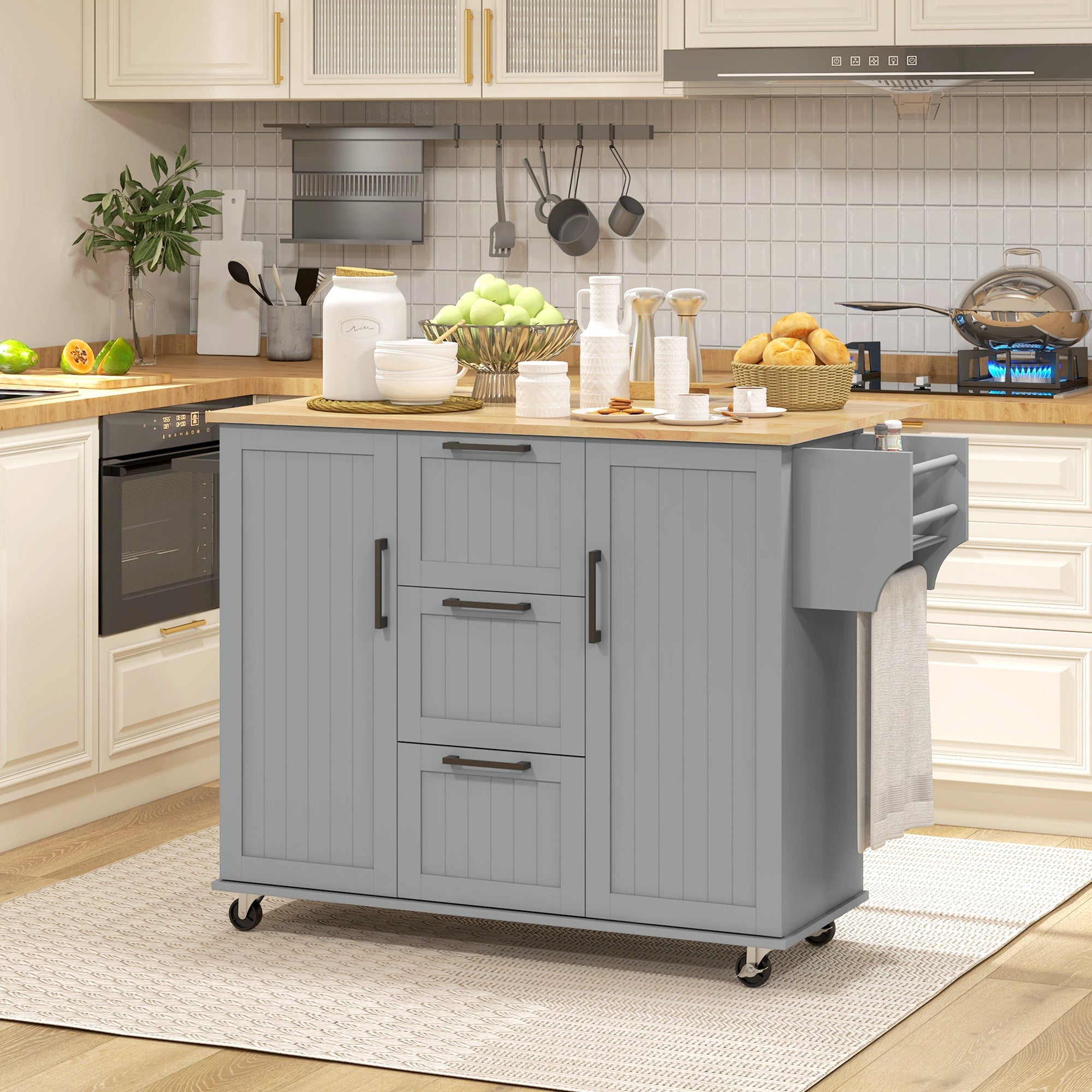 HOMCOM Rolling Kitchen Cart on Wheels with Drop Leaf, Kitchen Island with 3 Drawers, Solid Wood Top and Towel Rack, Grey