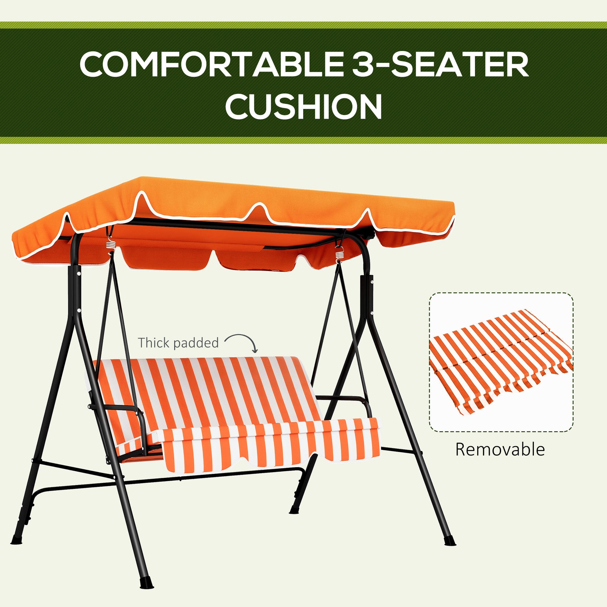 Outsunny 3-Seater Outdoor Porch Swing with Adjustable Canopy Patio Swing Chair for Garden Poolside Backyard Orange