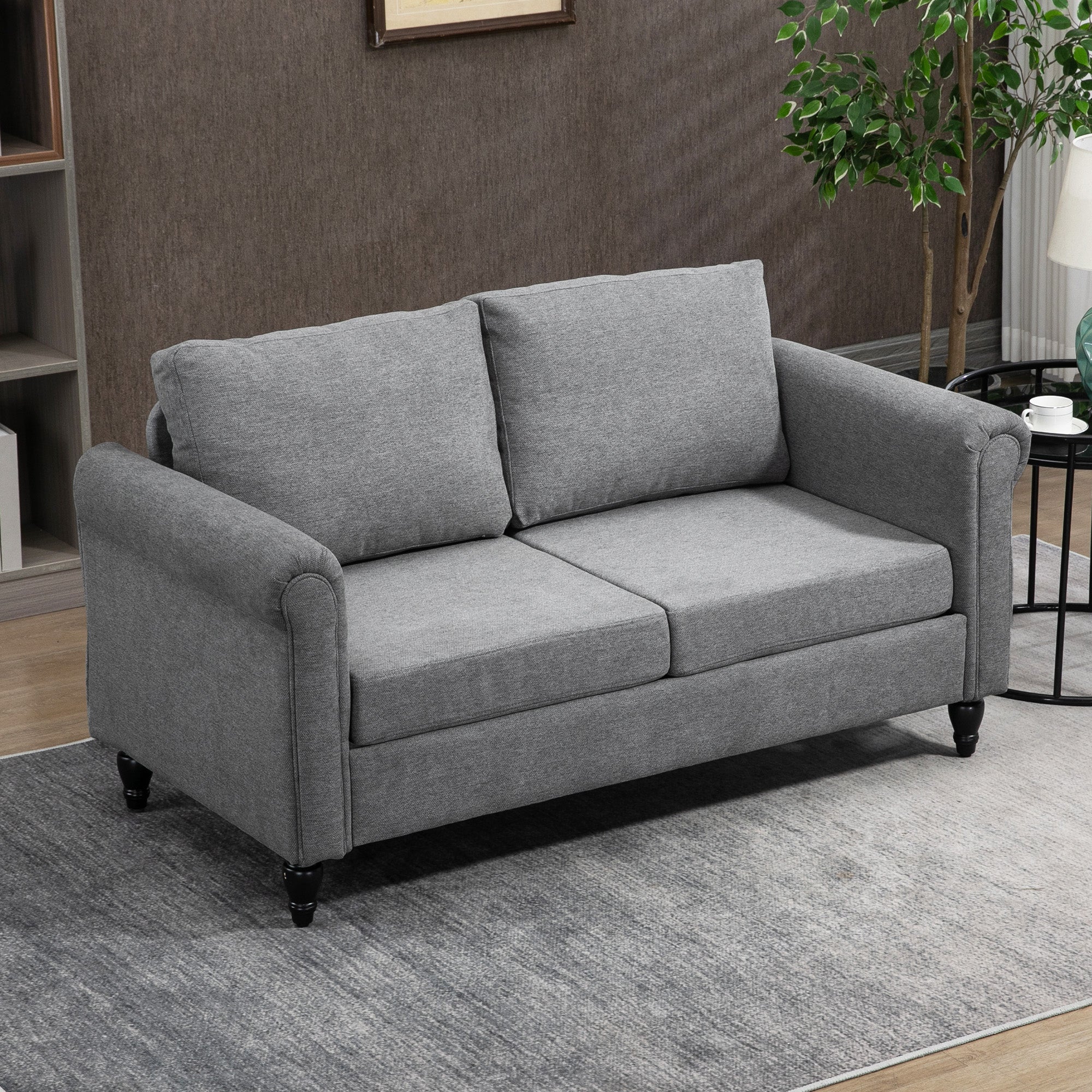 HOMCOM Stylish Loveseat with Curved Armrests Upholstered 2 Seater Sofa with Cushions Rubber Wood Legs Light Grey
