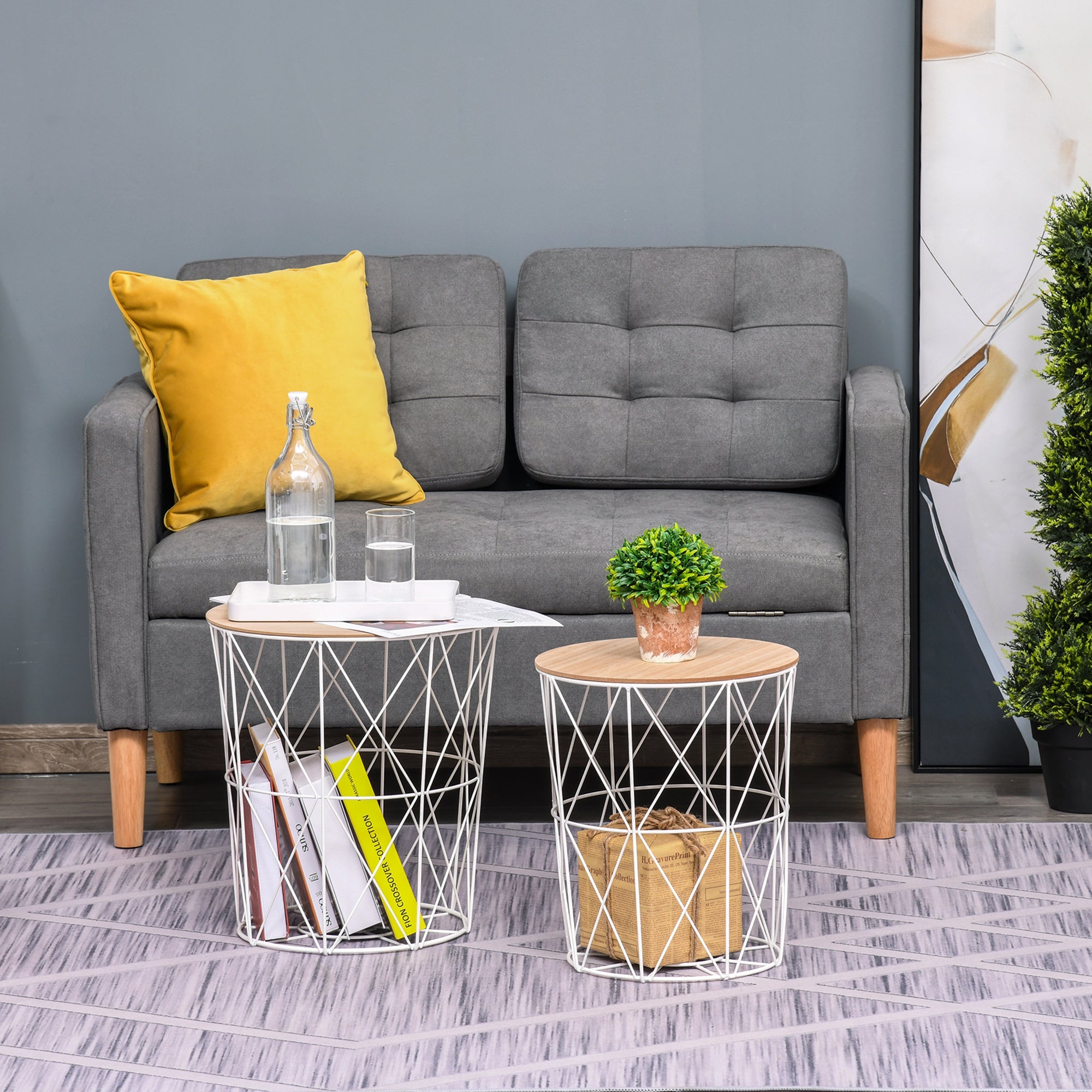 HOMCOM Nesting Coffee Table Set: 2 Round Metal Wire Baskets in White & Natural Finish