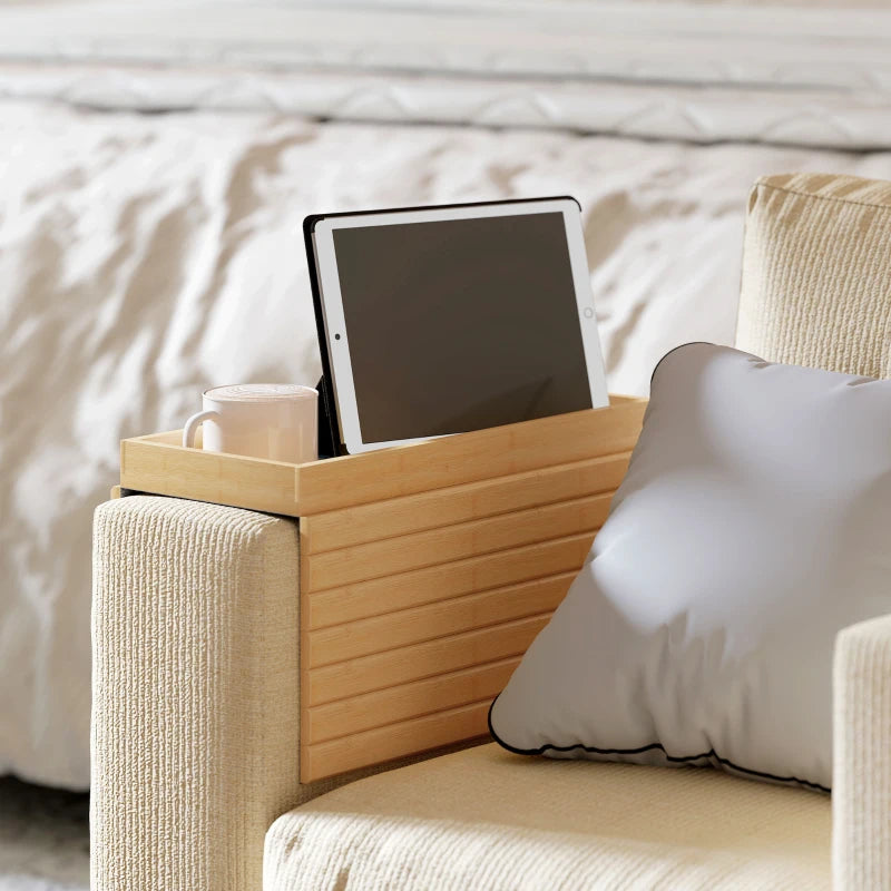 Bamboo Couch Arm Tray, Sofa Armrest Tray with Flexible Roll-up Design and Wide Compartment, Natural