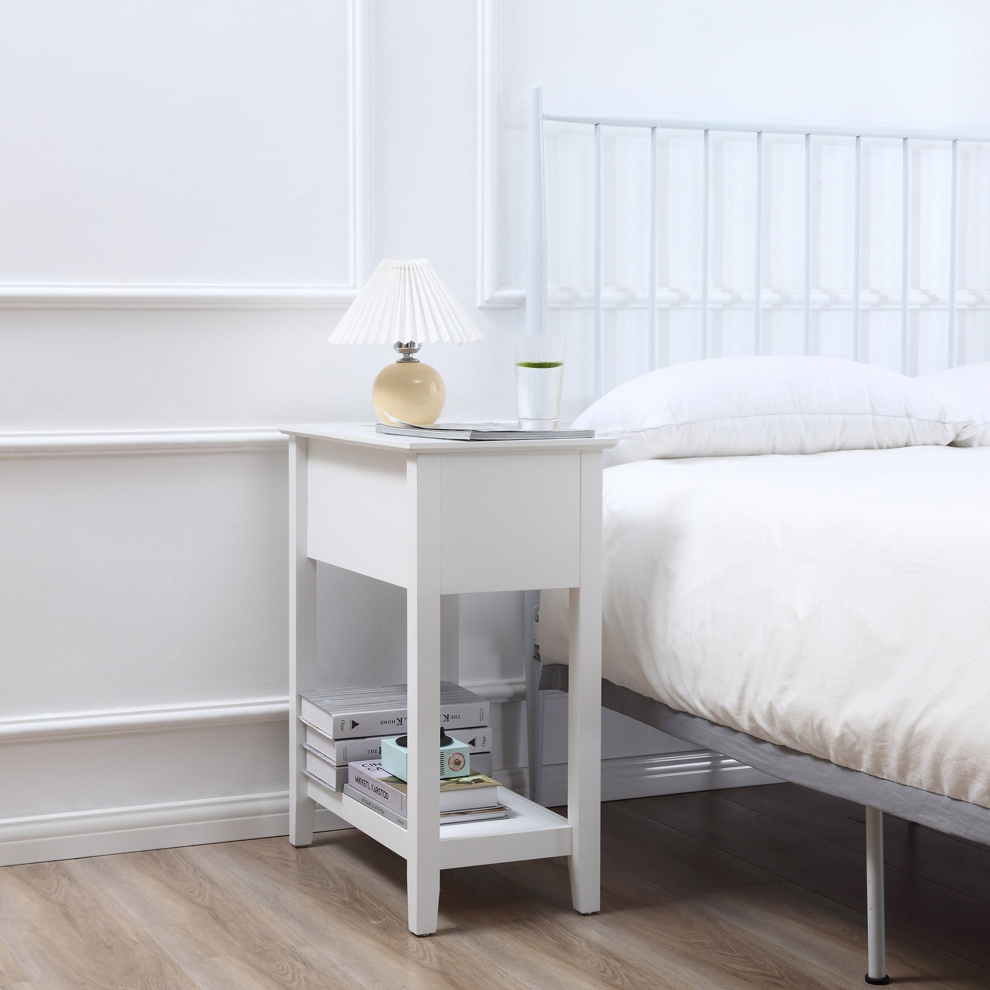 HOMCOM Flip-Top End Table: White with Storage Shelf & Cable Management for Bedrooms & Living Rooms