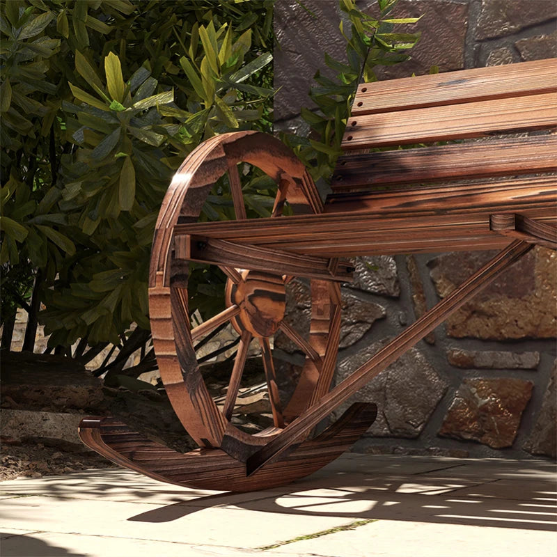 Rocking Outdoor Bench, Wood Outdoor Loveseat with Wagon Wheel Armrests, Carbonized