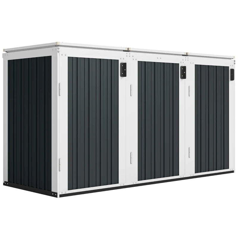 Outdoor Storage Shed Rustproof Garbage Bin Shed with Gas Struts Magnetic Doors for 3 Bins White and Grey