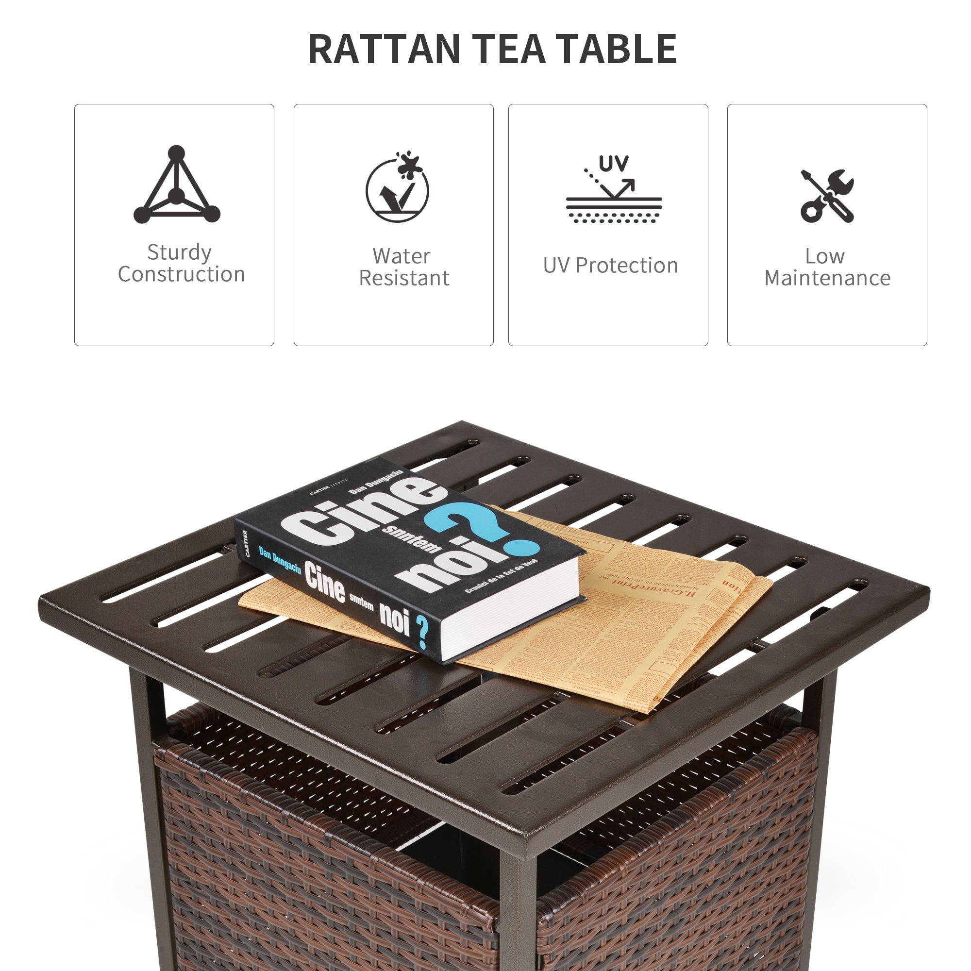 Outsunny Rattan Wicker Patio Coffee Table Outdoor Furniture with Umbrella Hole for Garden Backyard Brown