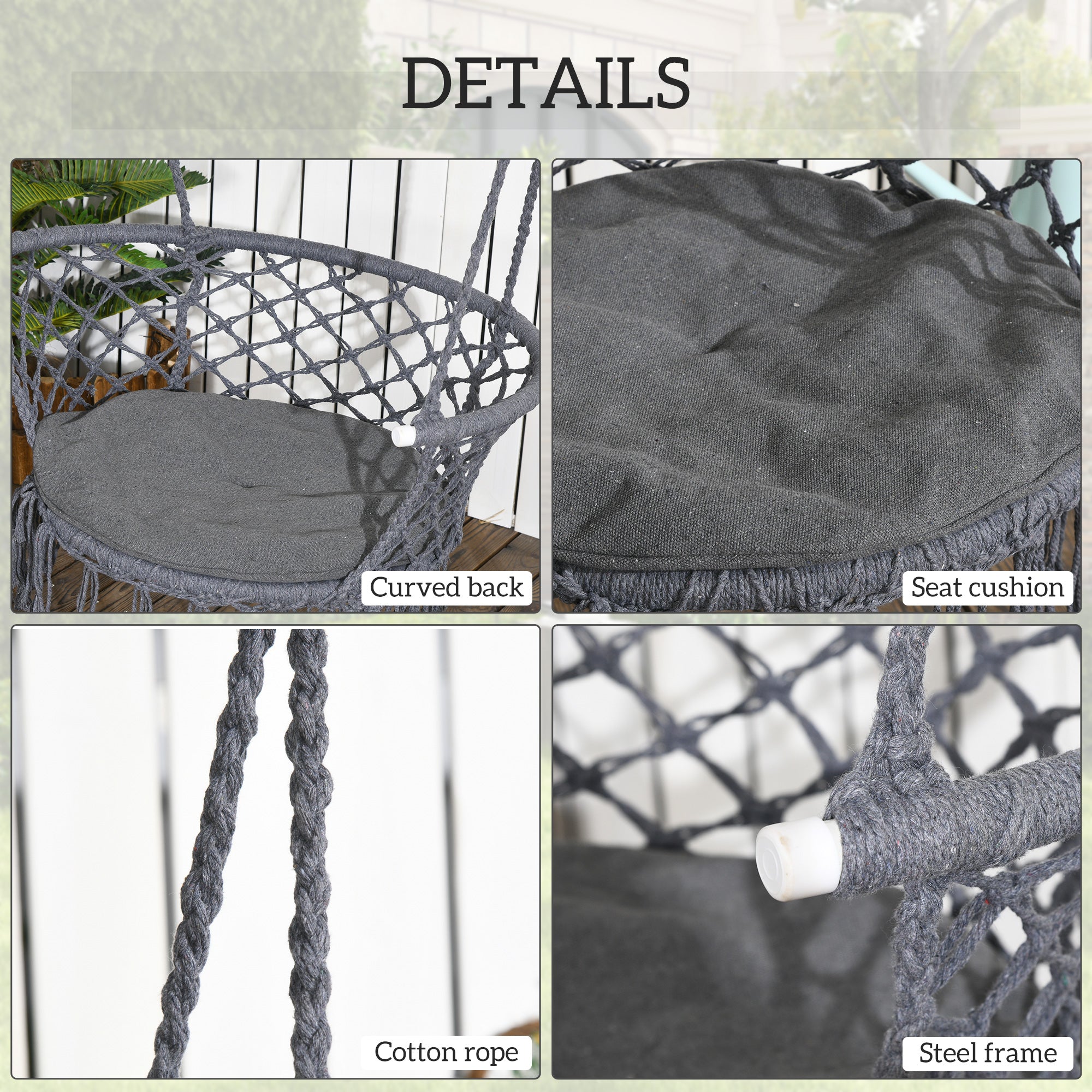 Outsunny Cotton Rope Hanging Hammock Chair Porch Swing with Metal Frame and Cushion Comfortable Dark Grey