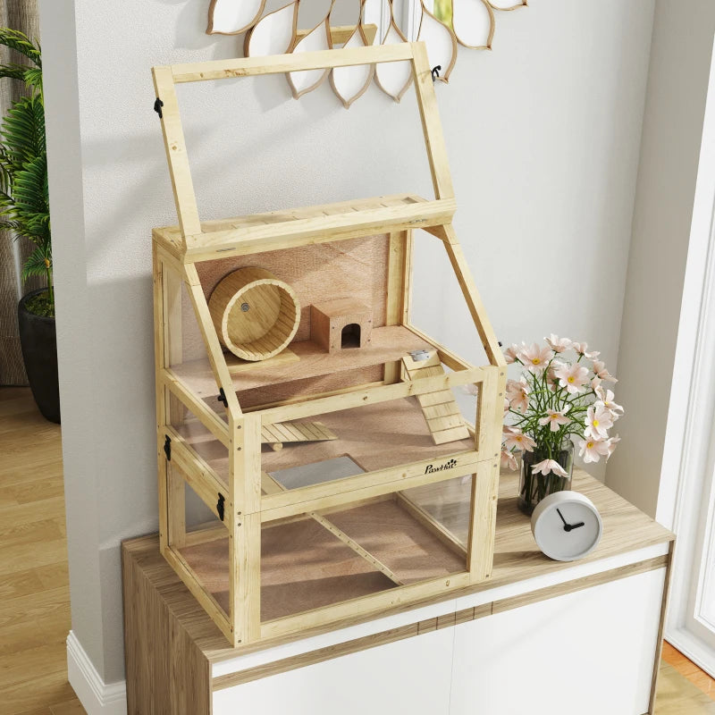 Wooden Hamster Cage, 3 Tier Gerbil Cage with Deep Bottom, Hut, Seesaw, Exercise Wheel, Ramps, 24" x 16" x 29.5"