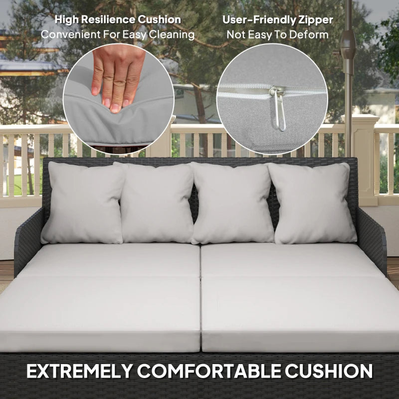 Rattan Outdoor Daybed, Sunbed Loveseat with Soft Cushions, 4 Pillows, Curved Backrest & Armrest, Light Grey
