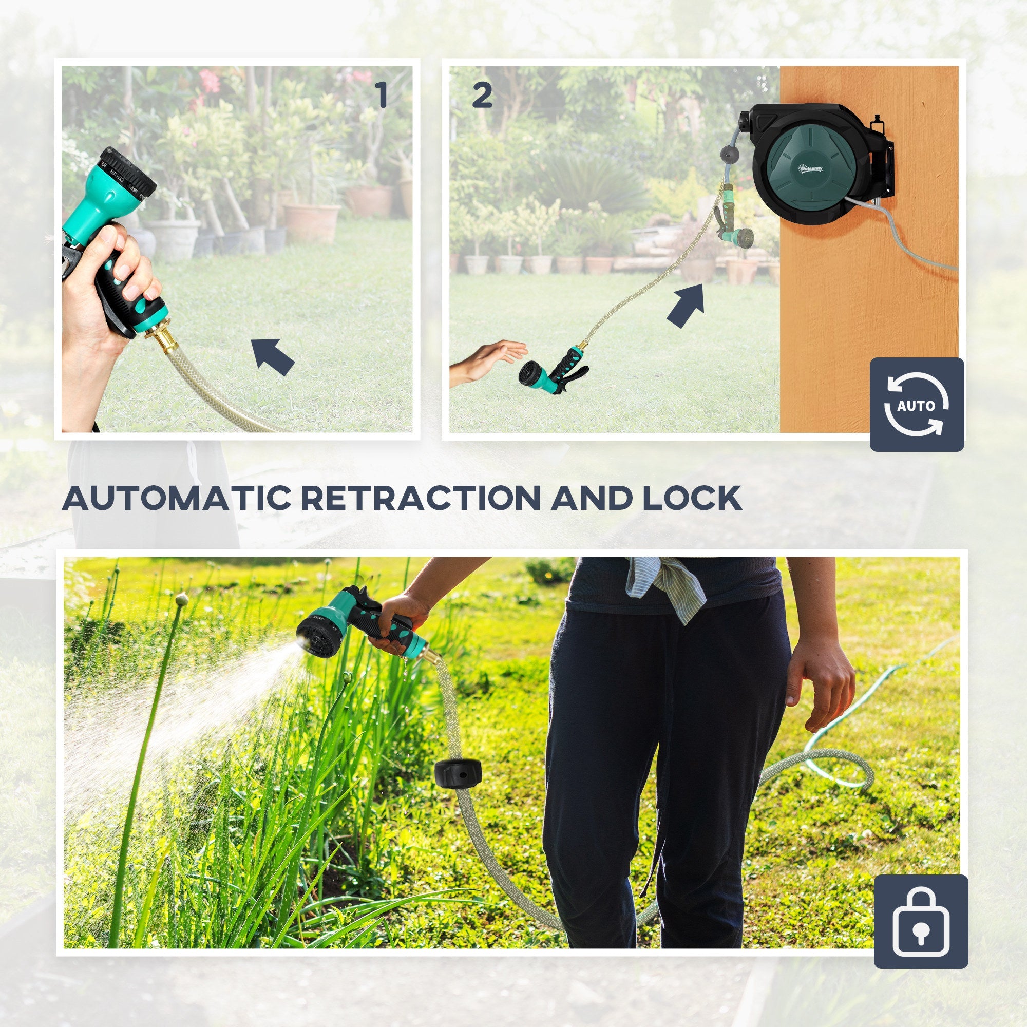 Outsunny 1/2 in x 65ft Wall Mounted Garden Hose Reel, Retractable Water Hose Reel with Auto Rewind, Any Length Lock, Blue