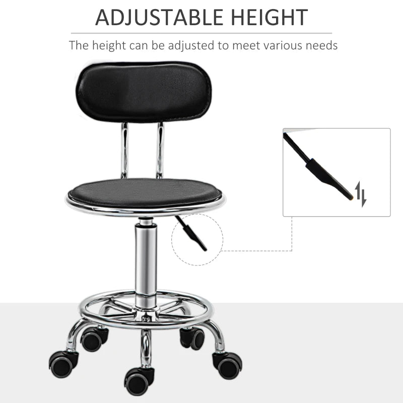 Faux Leather Salon Stool, Height Adjustable Rolling Stool with Footrest Ring, Back and Wheels for Beauty, Tattoo, Black