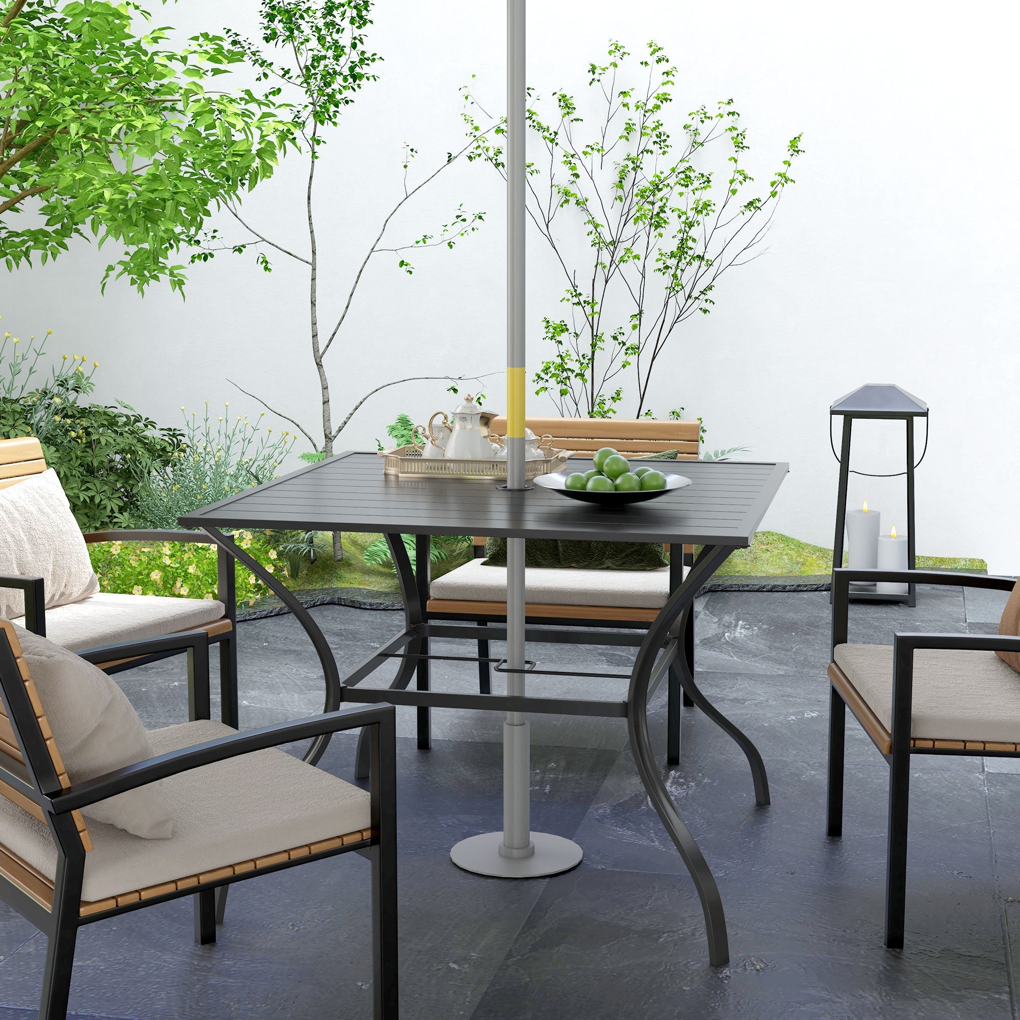 Outsunny Square Patio Dining Table with Umbrella Hole Outdoor Garden Table Slatted Metal Top for Poolside Backyard Dark Grey