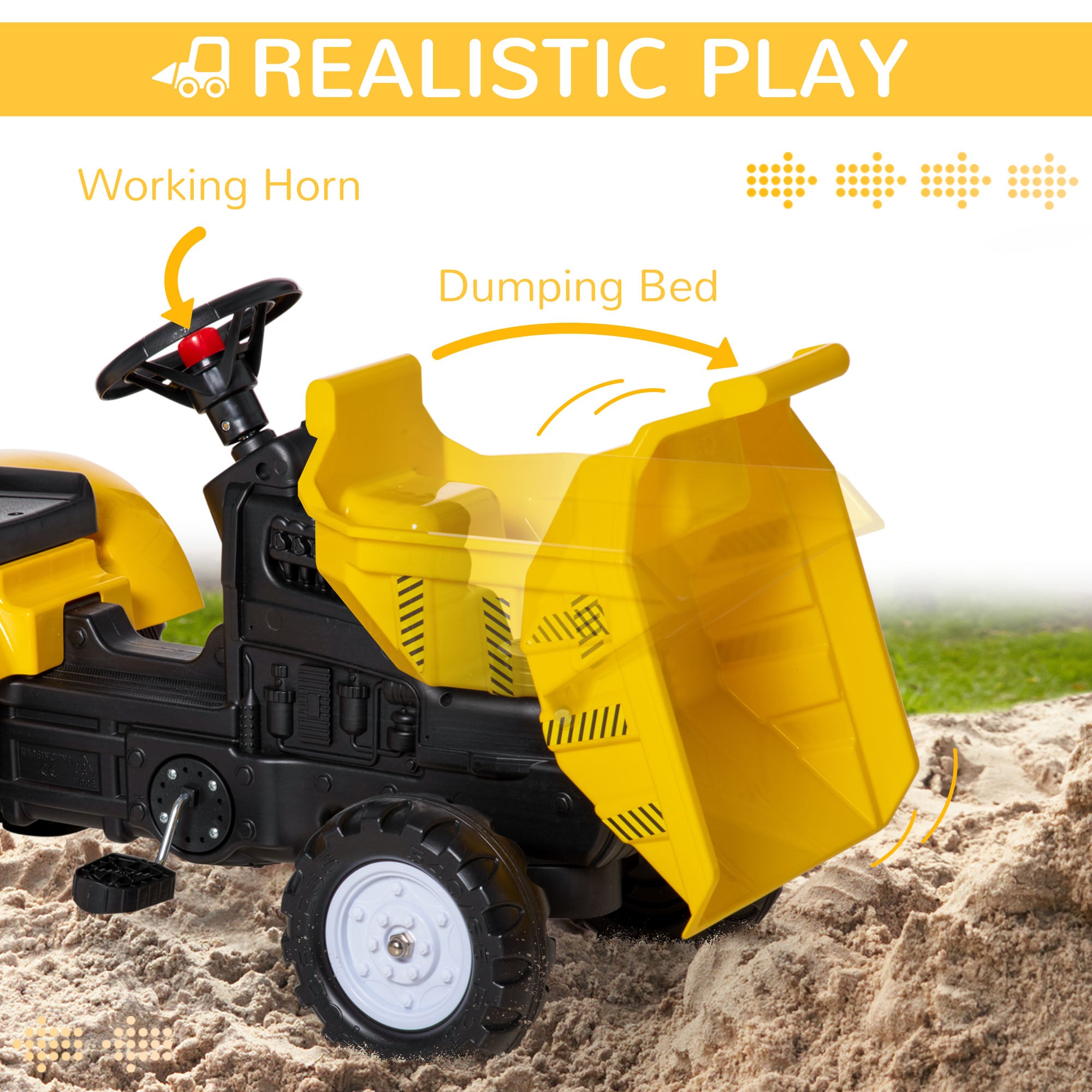Aosom Yellow Pedal Ride On Dump Truck Front Loader Kids Ride-On Construction Tractor with Trailer
