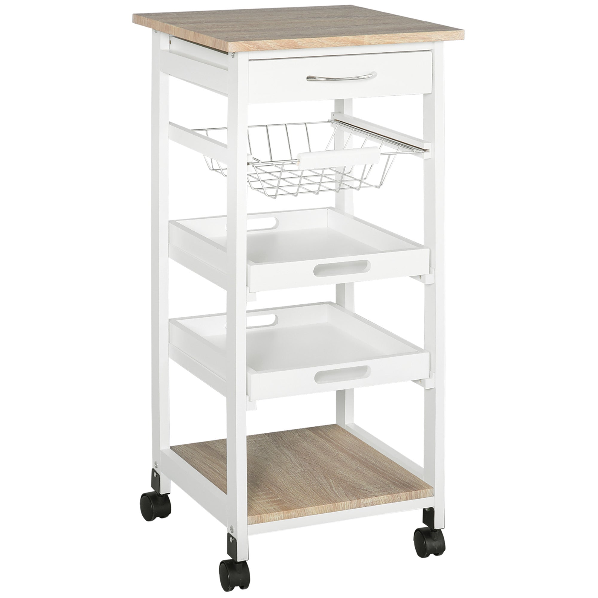 HOMCOM White Rolling Kitchen Cart: Mobile Utility Island with Storage Drawer, Wire Basket & Tray Versatility