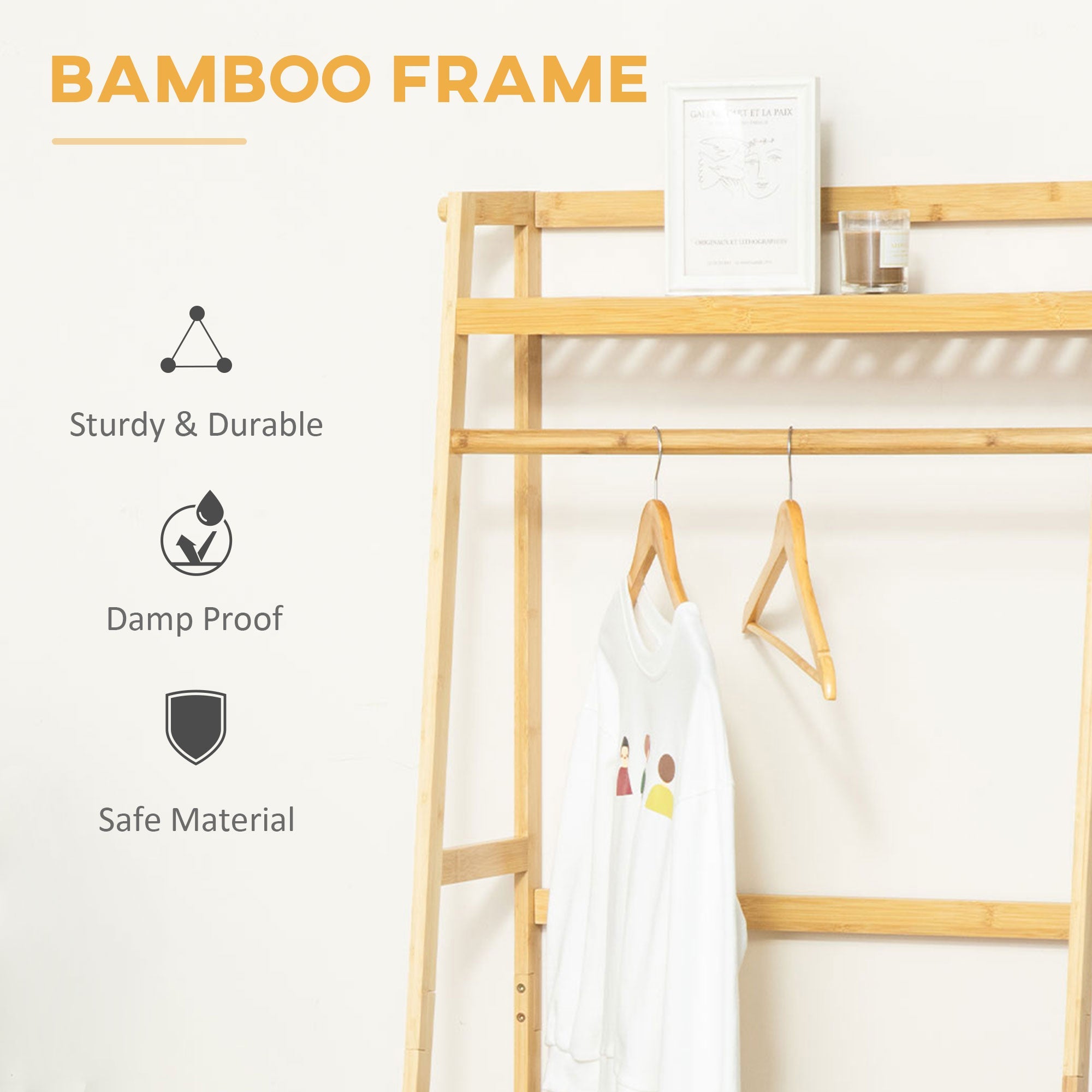 HOMCOM Freestanding Bamboo Garment Rack with 3 Tier Storage Shelves Hooks Hanging Rail for Clothes Natural