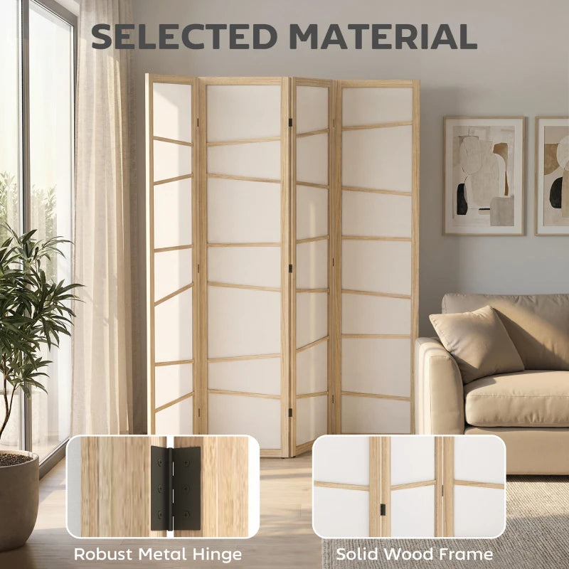 66.9" Folding Room Divider, 4 Panel Wall Partition with Wood Frame for Bedroom, Home Office, Natural Wood