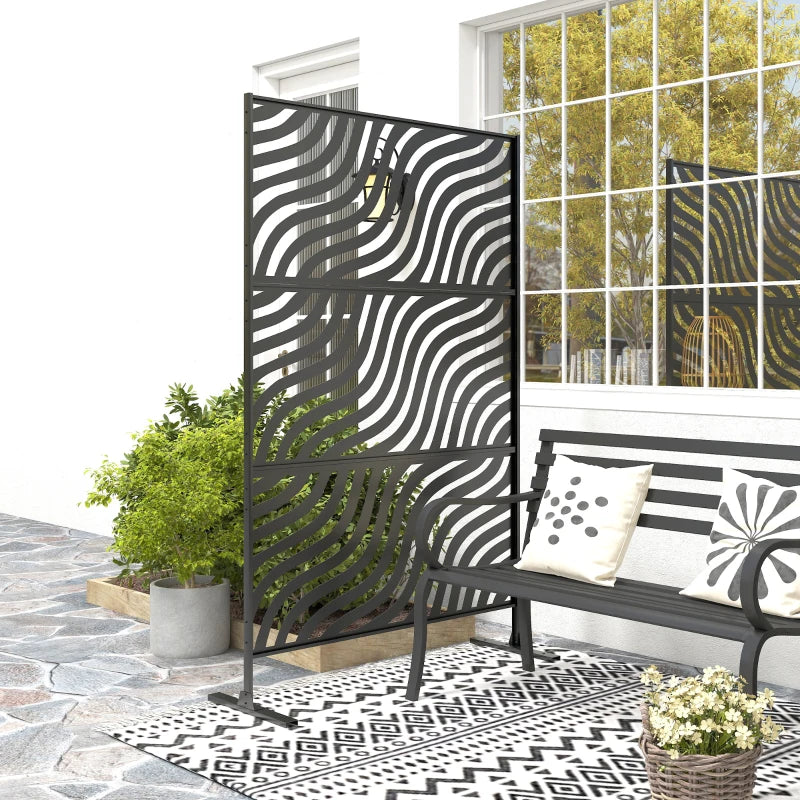Metal Outdoor Privacy Screen, Freestanding Outdoor Divider with Stand, 78" x 48", Black