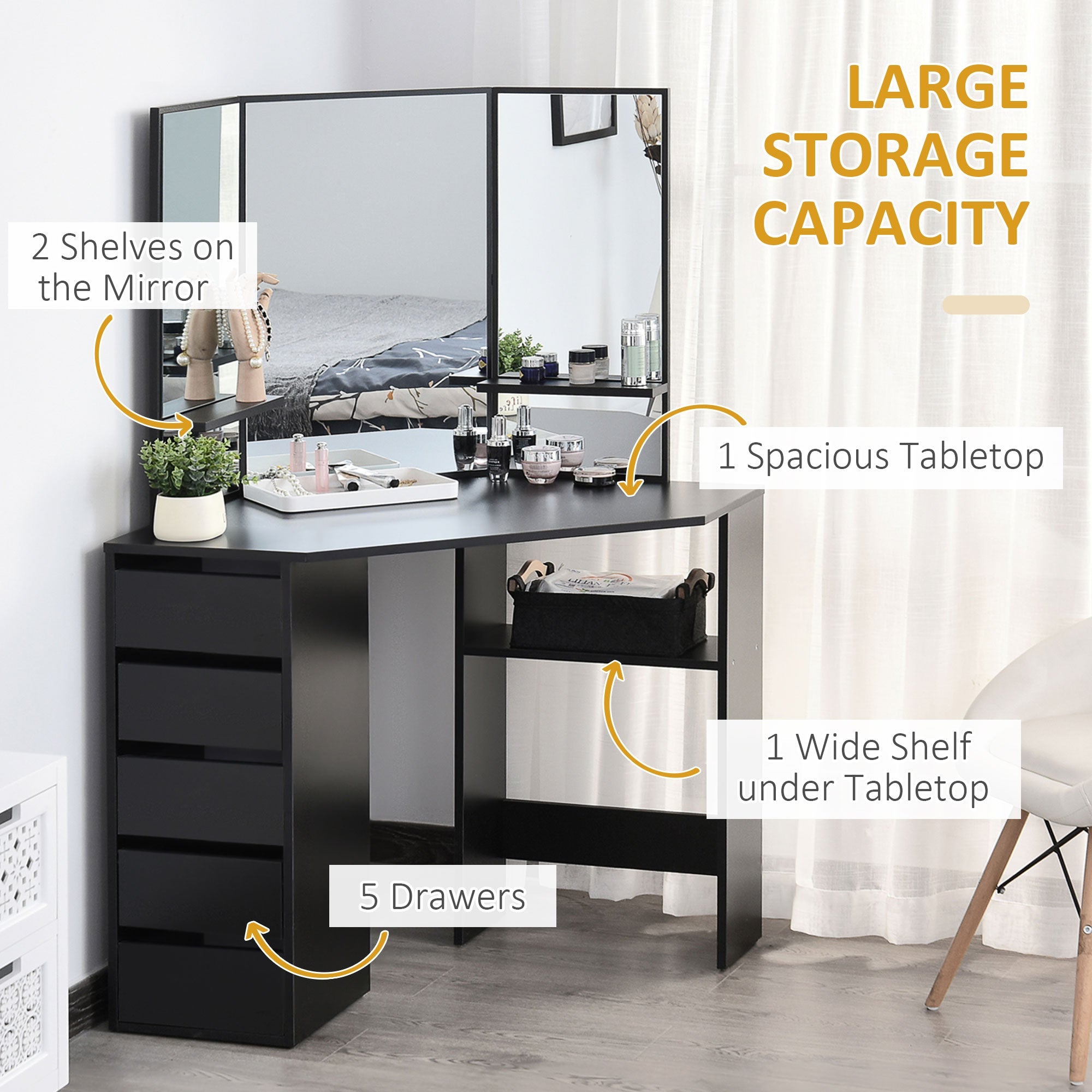 HOMCOM Corner Vanity Table Small Makeup Desk with Drawers and Mirror for Bedroom Black