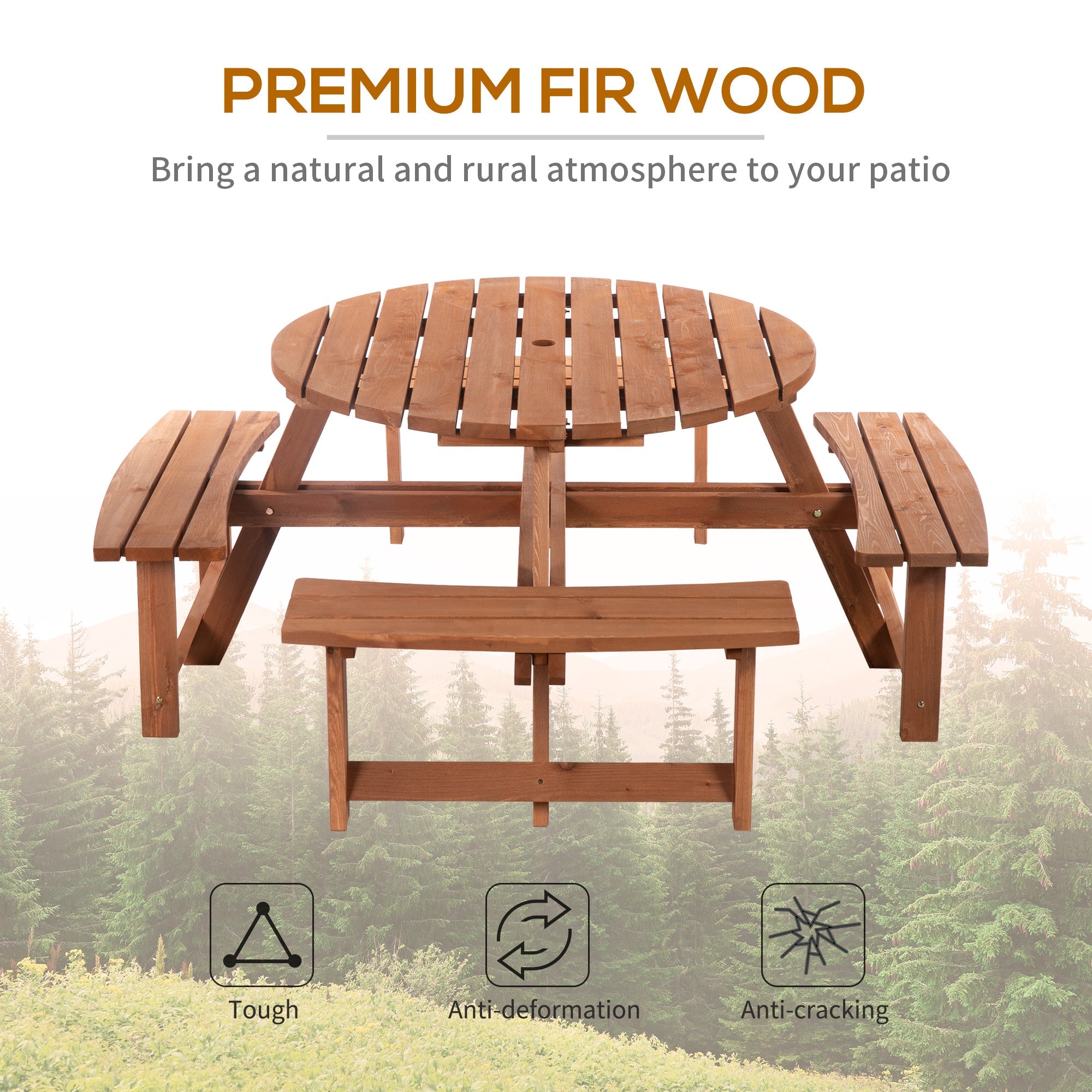 Outsunny Wooden Pub Bench 8-Person Round Picnic Table Outdoor Patio Furniture Durable