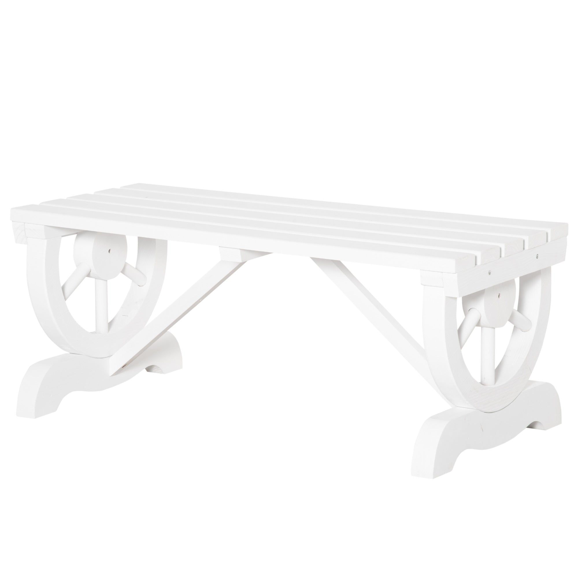 Outsunny Rustic Wood Wheel Outdoor Garden Bench for 2-Person with a Unique Wheel Design on the Legs & Strong Build, White