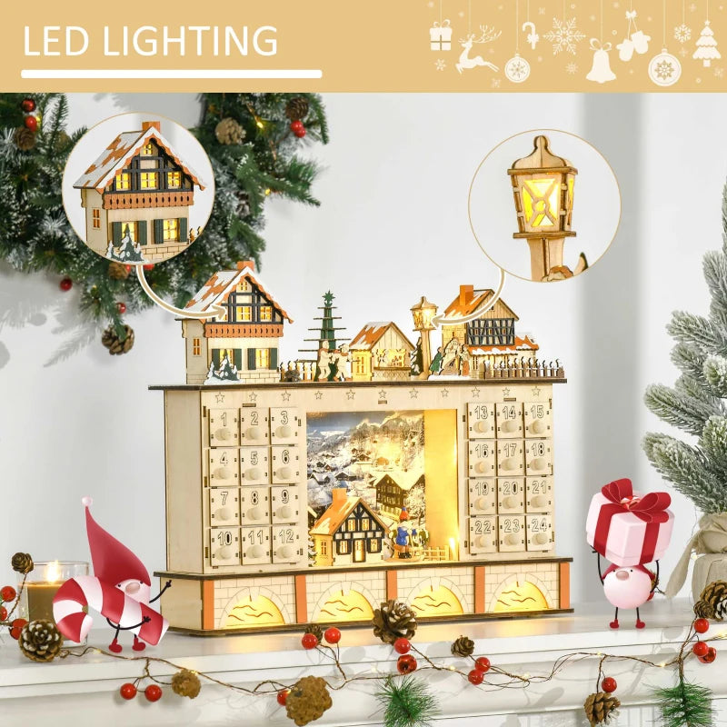 Christmas Advent Calendar, Light Up Table Xmas Wooden Store Holiday Decoration with Countdown Drawer, Village, for Kids and Adults, Natural
