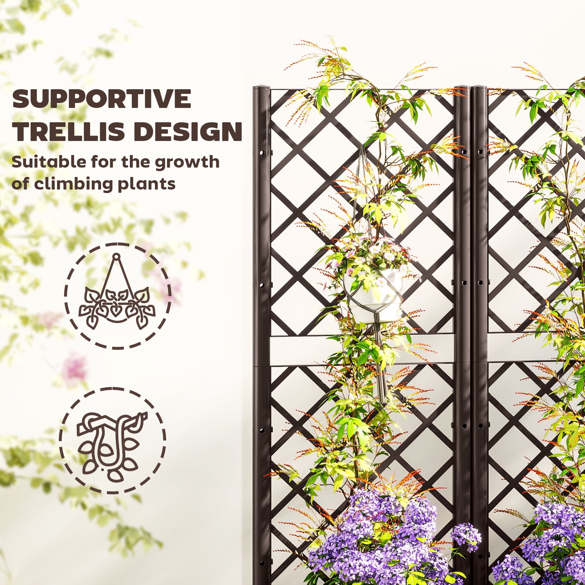 Outsunny Raised Garden Bed with Trellis, Plastic Raised Flower Bed with Drainage Holes and Drain Plugs, 32" x 16" x 48"