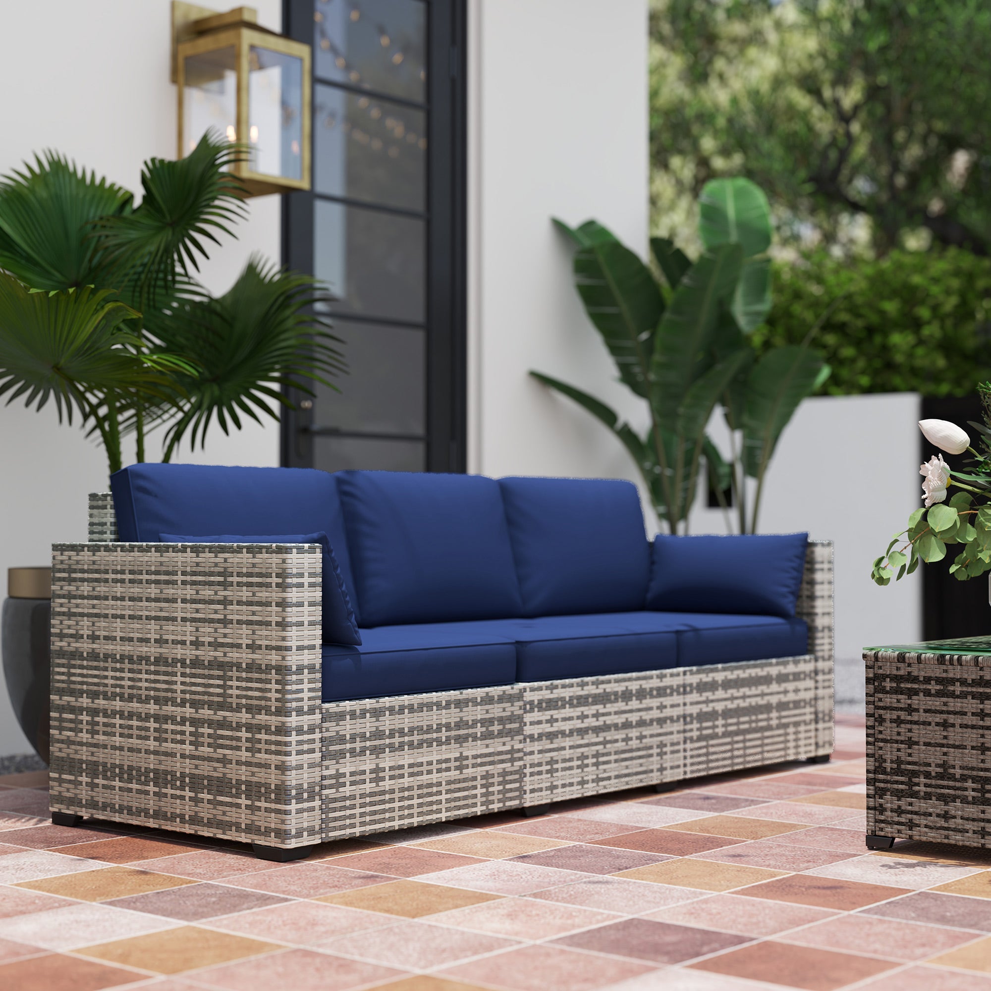 Outsunny 3-Seater Outdoor Sofa with Cushions, PE Rattan Conversation Patio Couch with Pillows for Garden, Poolside, Dark Blue