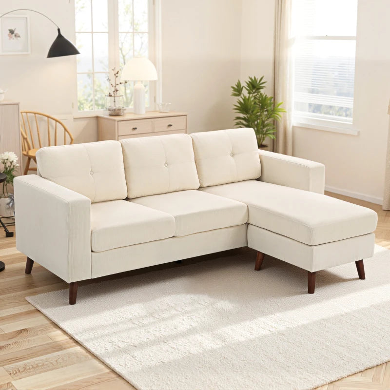 Sectional Sofa with Changeable Chaise Lounge, 3 Seat L-Shaped Sofa, Upholstered Couch for Small Space, Cream White