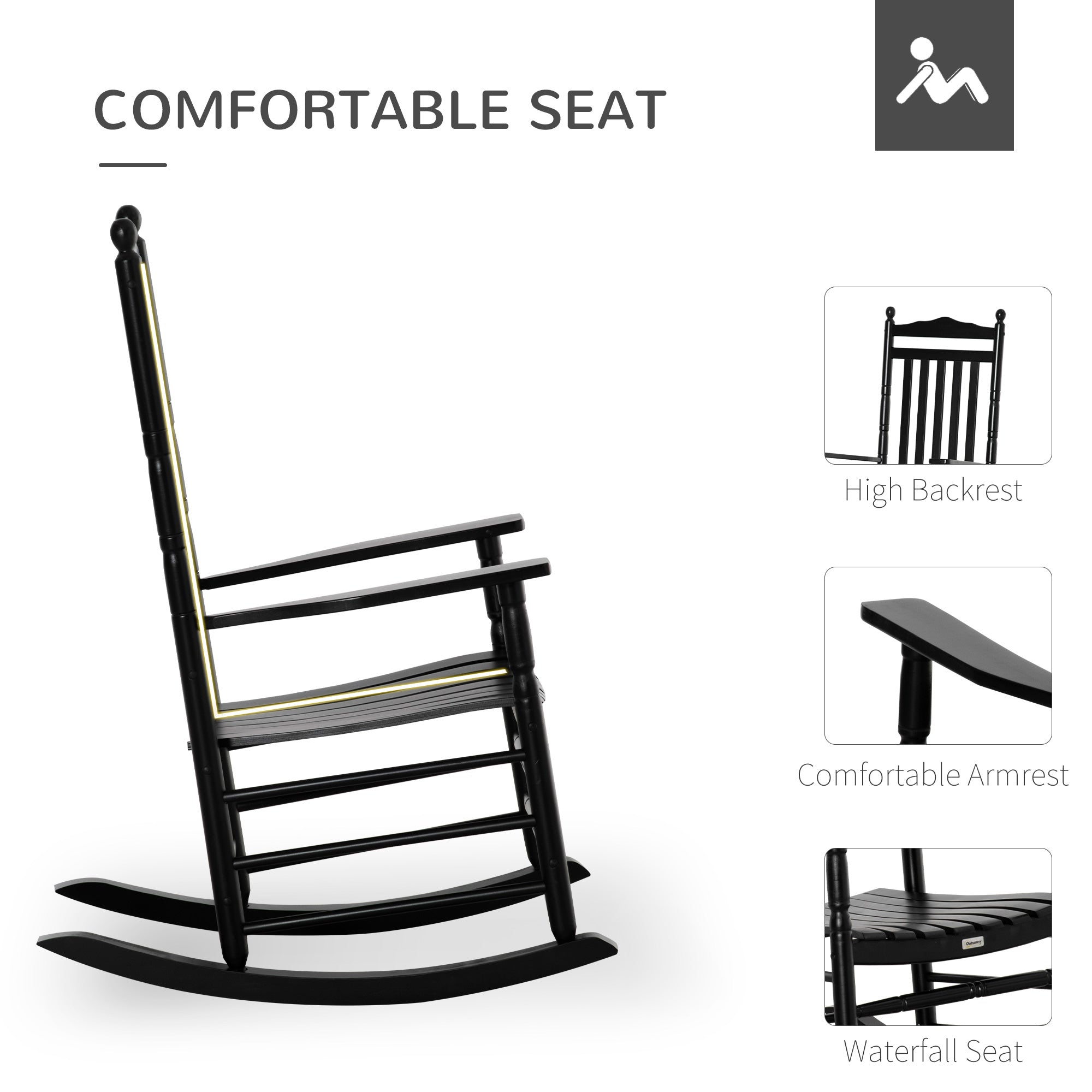 Outsunny Wooden Outdoor Rocking Chair, Patio Rocking Chair with Slatted High Back and Armrests for Porch, Garden, Lawn, Black